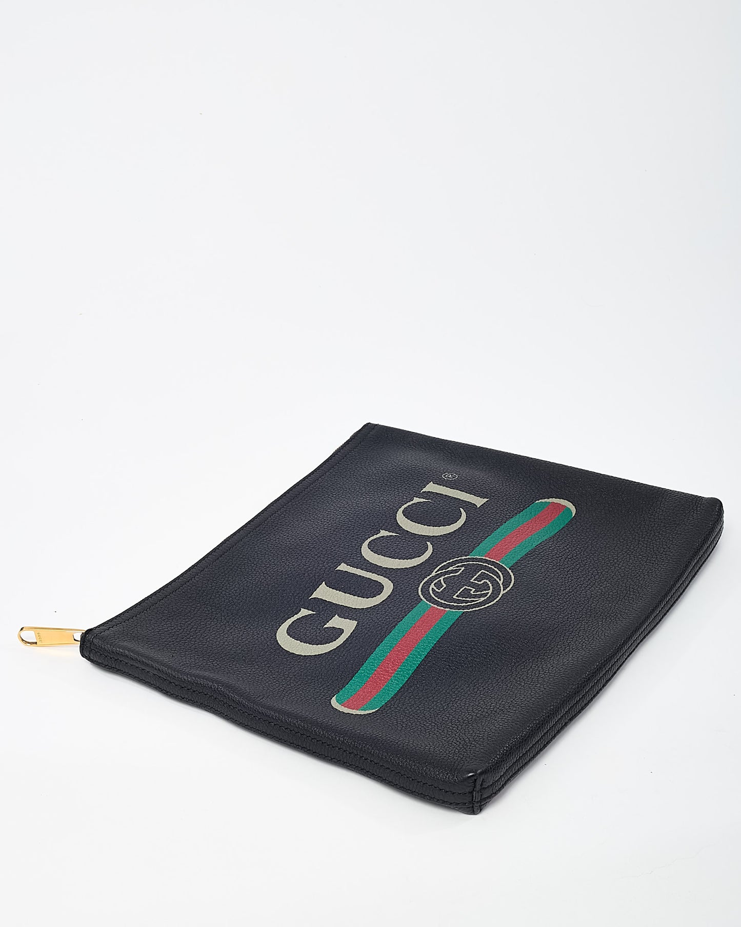 Gucci Black Leather Logo With Green & Red Web Portfolio Clutch