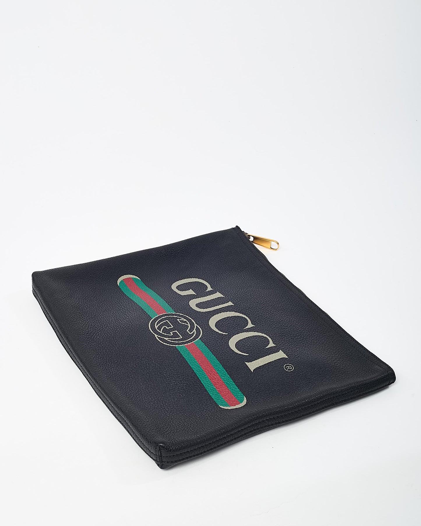 Gucci Black Leather Logo With Green & Red Web Portfolio Clutch