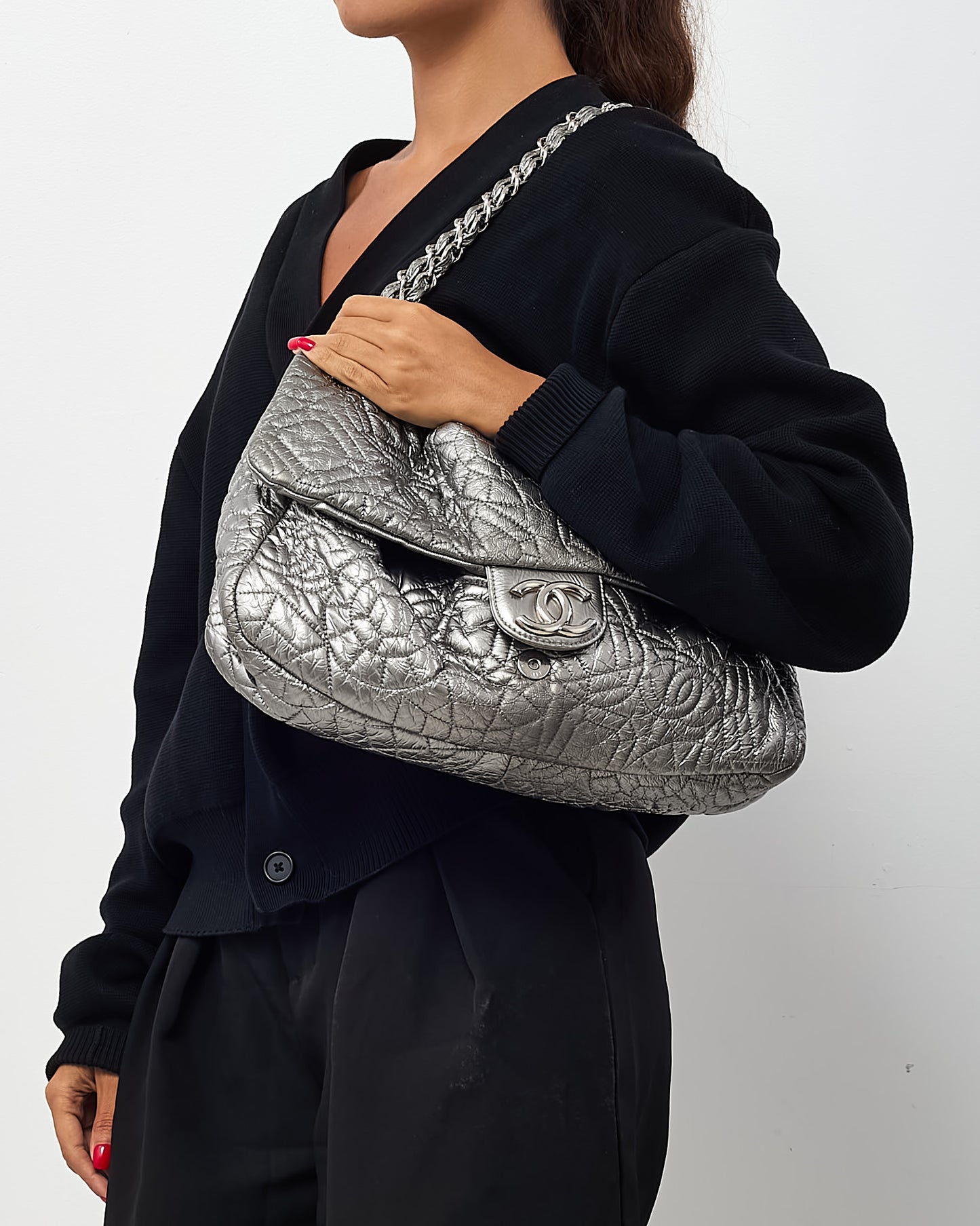 Chanel Silver Vinyl Graphic Edge Camellia Flower Accordion Flap Bag SHW