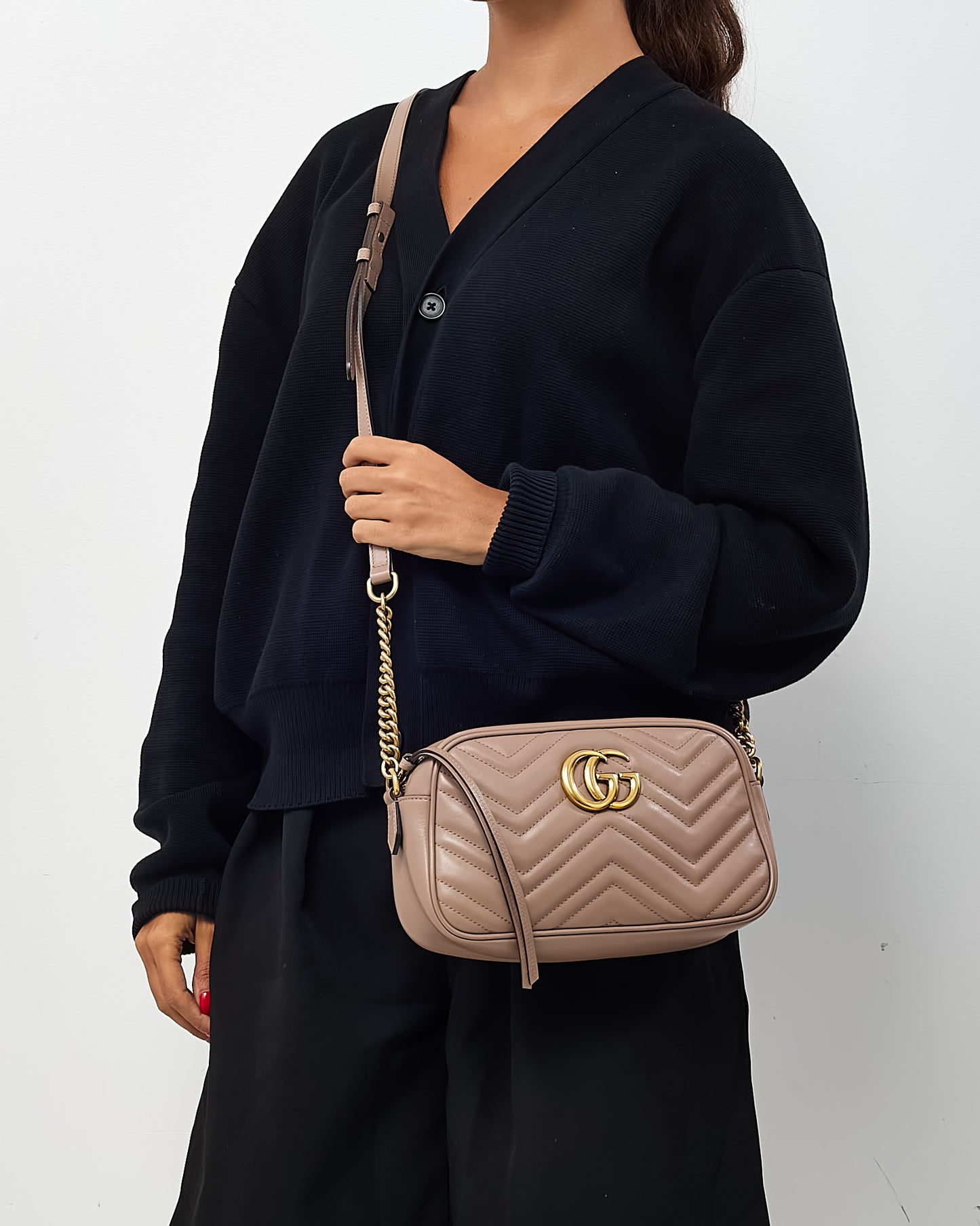 Gucci Dusty Rose Matelassé Leather GG Marmont Small Camera Crossbody Bag