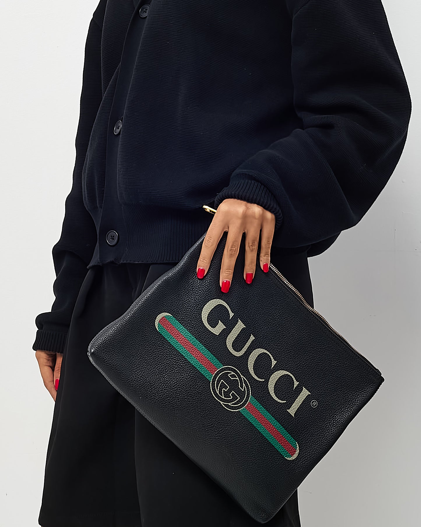 Gucci Black Leather Logo With Green & Red Web Portfolio Clutch