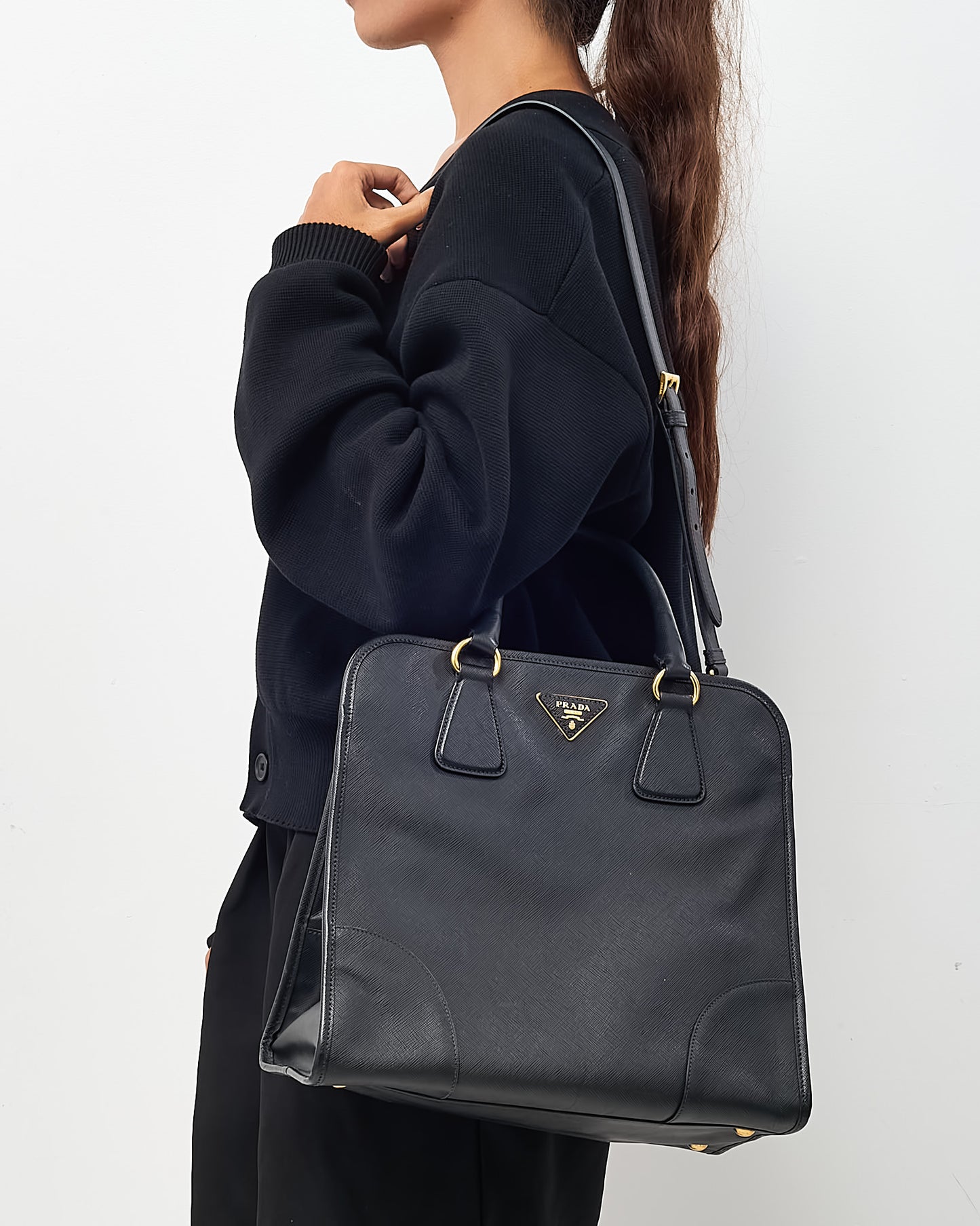 Prada Black Saffiano Leather Pomice 2Way Shopping Tote with Strap