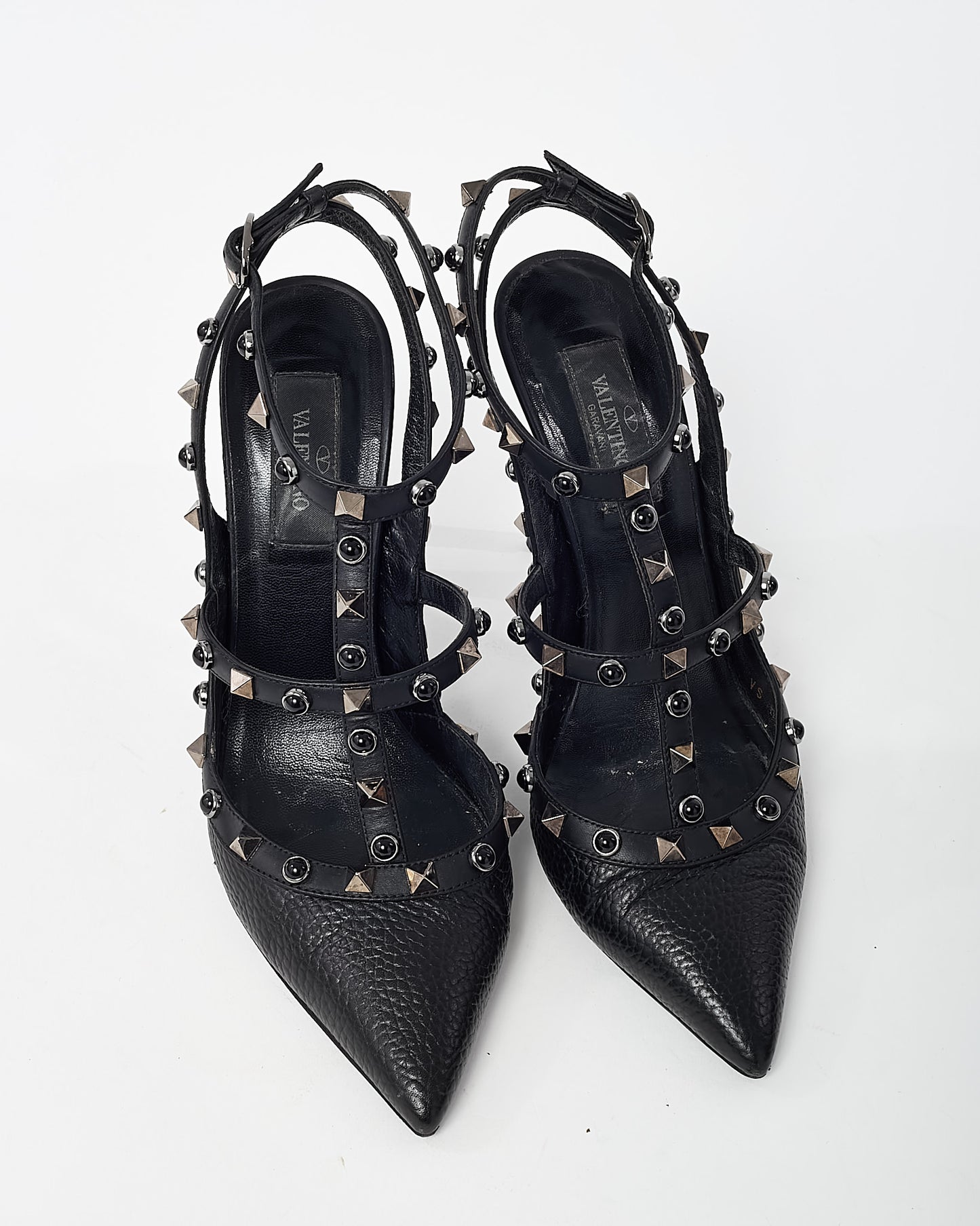 Valentino Black Pebbled Calfskin Leather and Onyx Rockstud Rolling Ankle Strap 100mm Pumps - 38