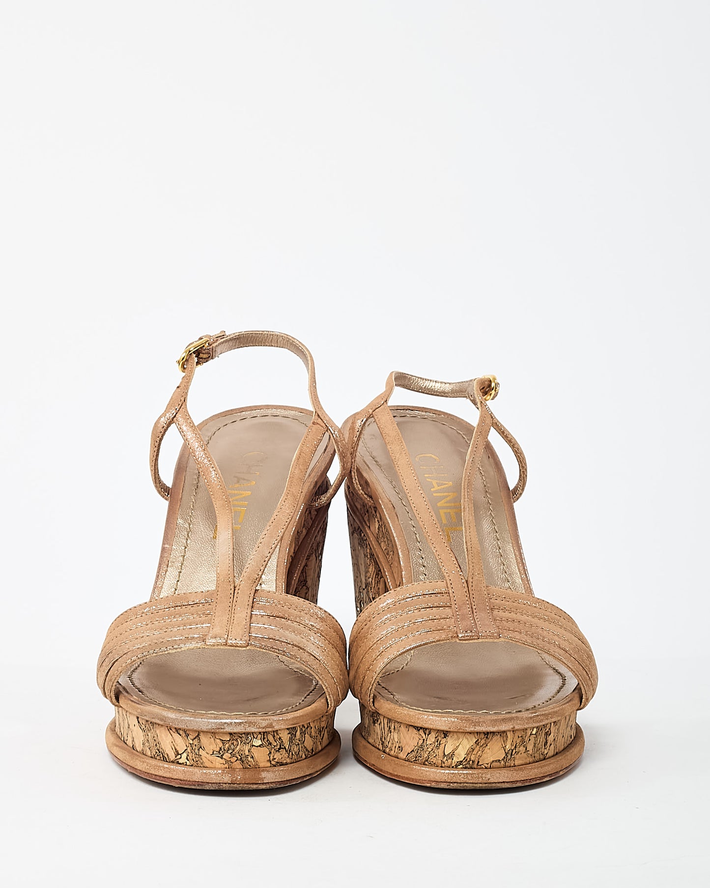 Chanel Beige Lame Leather CC Logo Cork Heel Strappy Sandals - 38.5