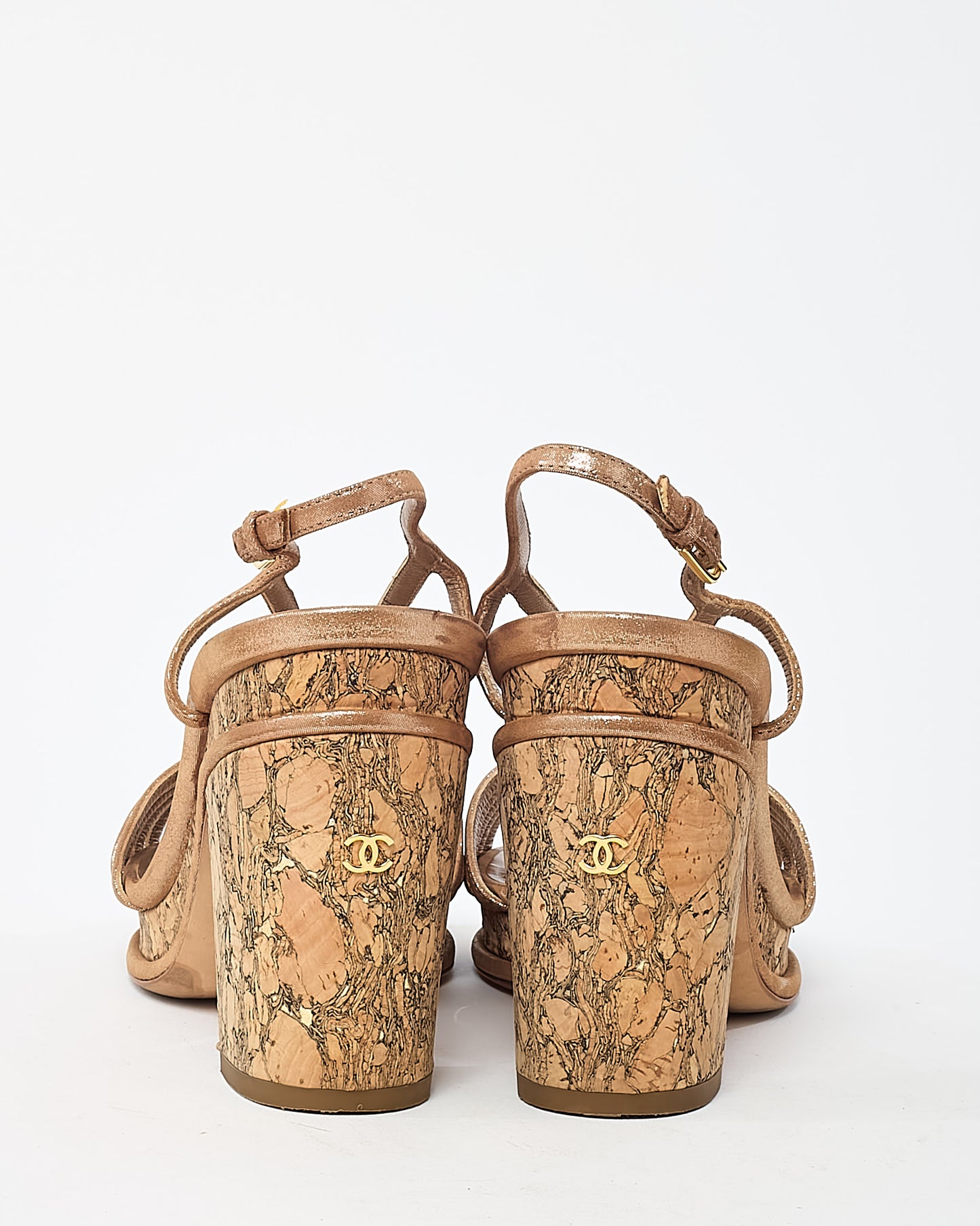 Chanel Beige Lame Leather CC Logo Cork Heel Strappy Sandals - 38.5