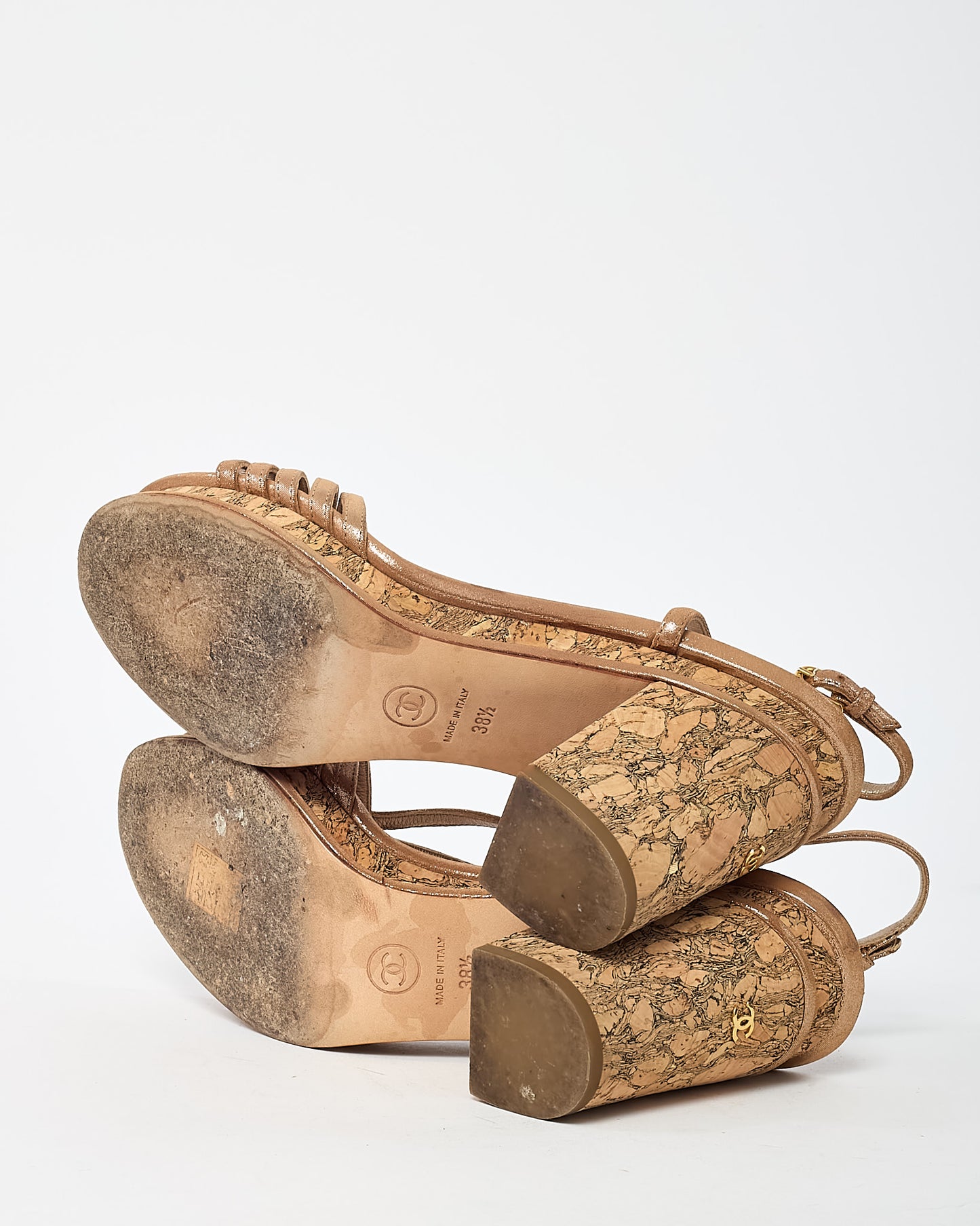 Chanel Beige Lame Leather CC Logo Cork Heel Strappy Sandals - 38.5