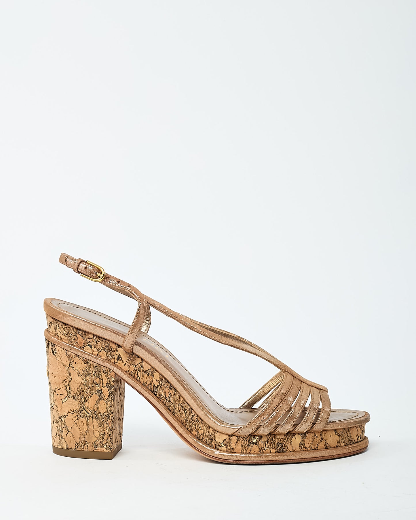 Chanel Beige Lame Leather CC Logo Cork Heel Strappy Sandals - 38.5