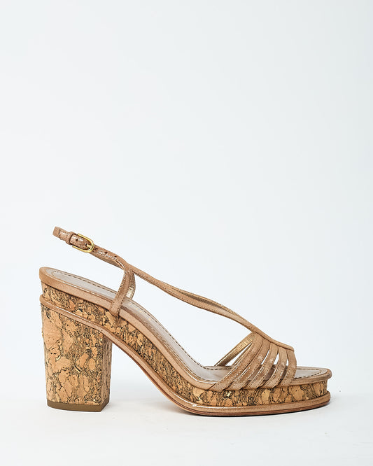 Chanel Beige Lame Leather CC Logo Cork Heel Strappy Sandals - 38.5