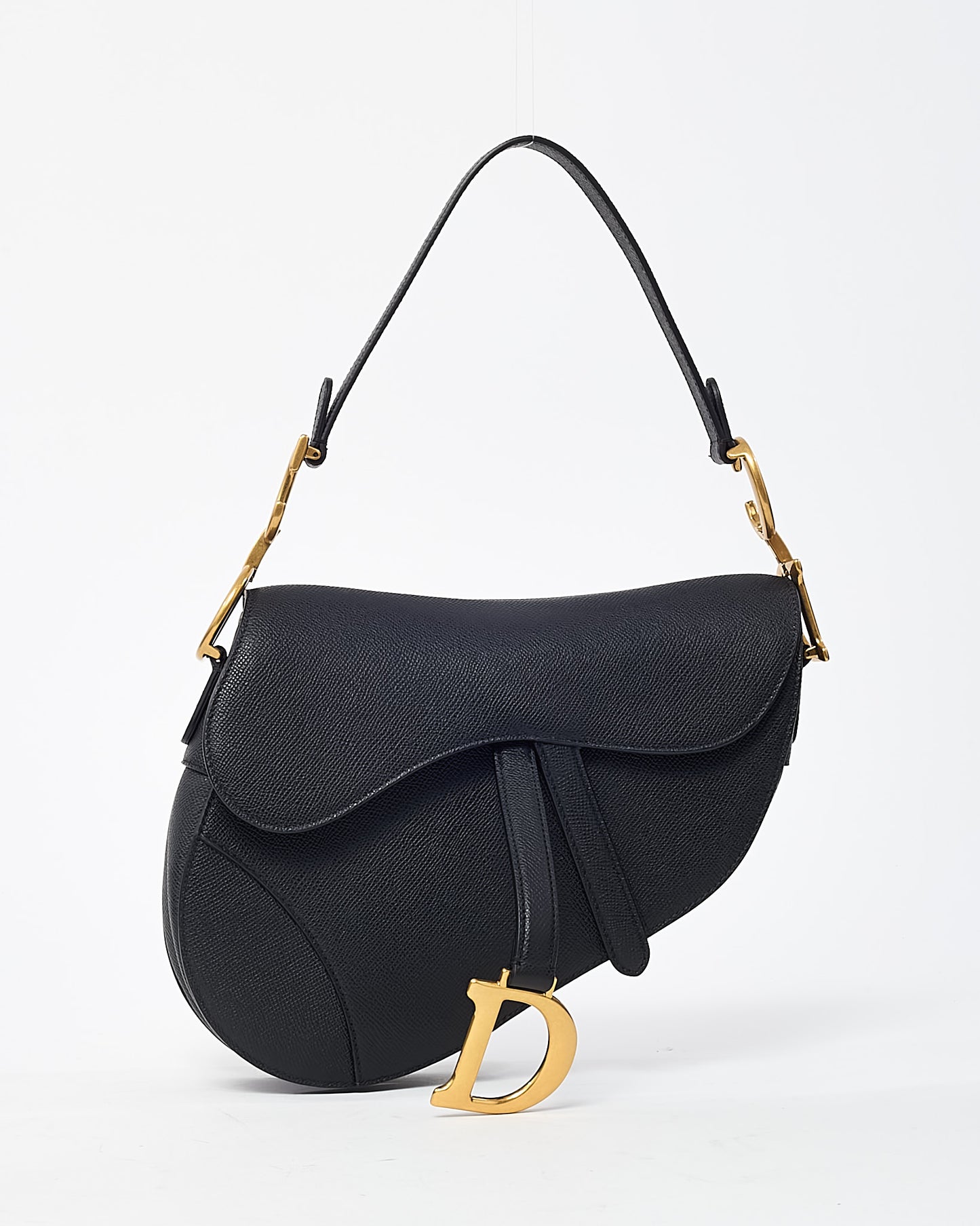 Dior Black Grained Calfskin Leather Saddle Bag with Strap GHW
