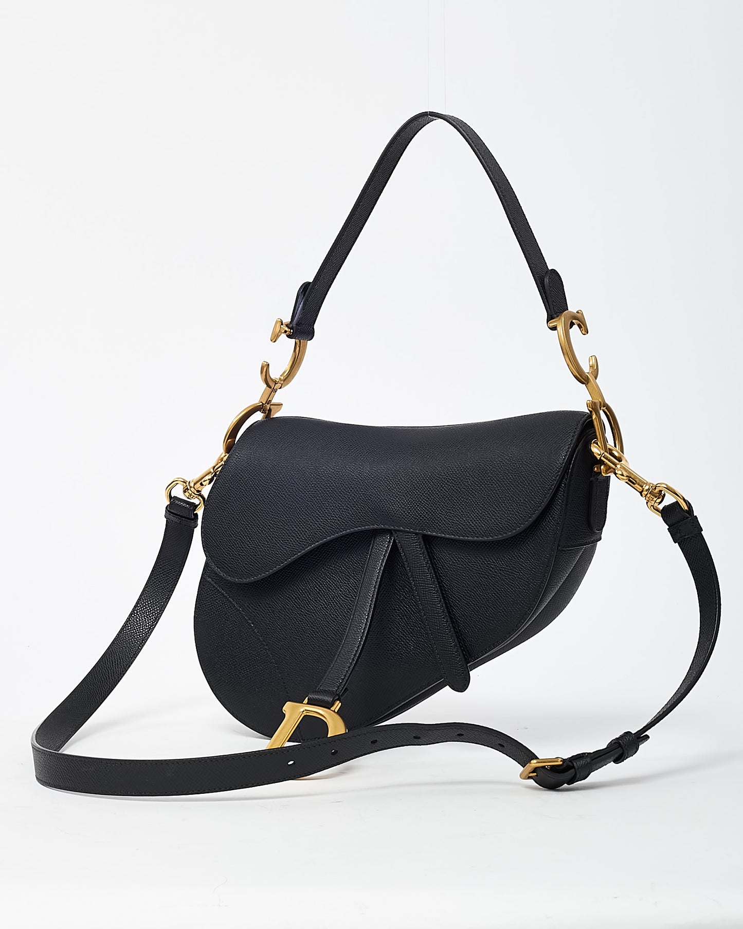 Dior Black Grained Calfskin Leather Saddle Bag with Strap GHW