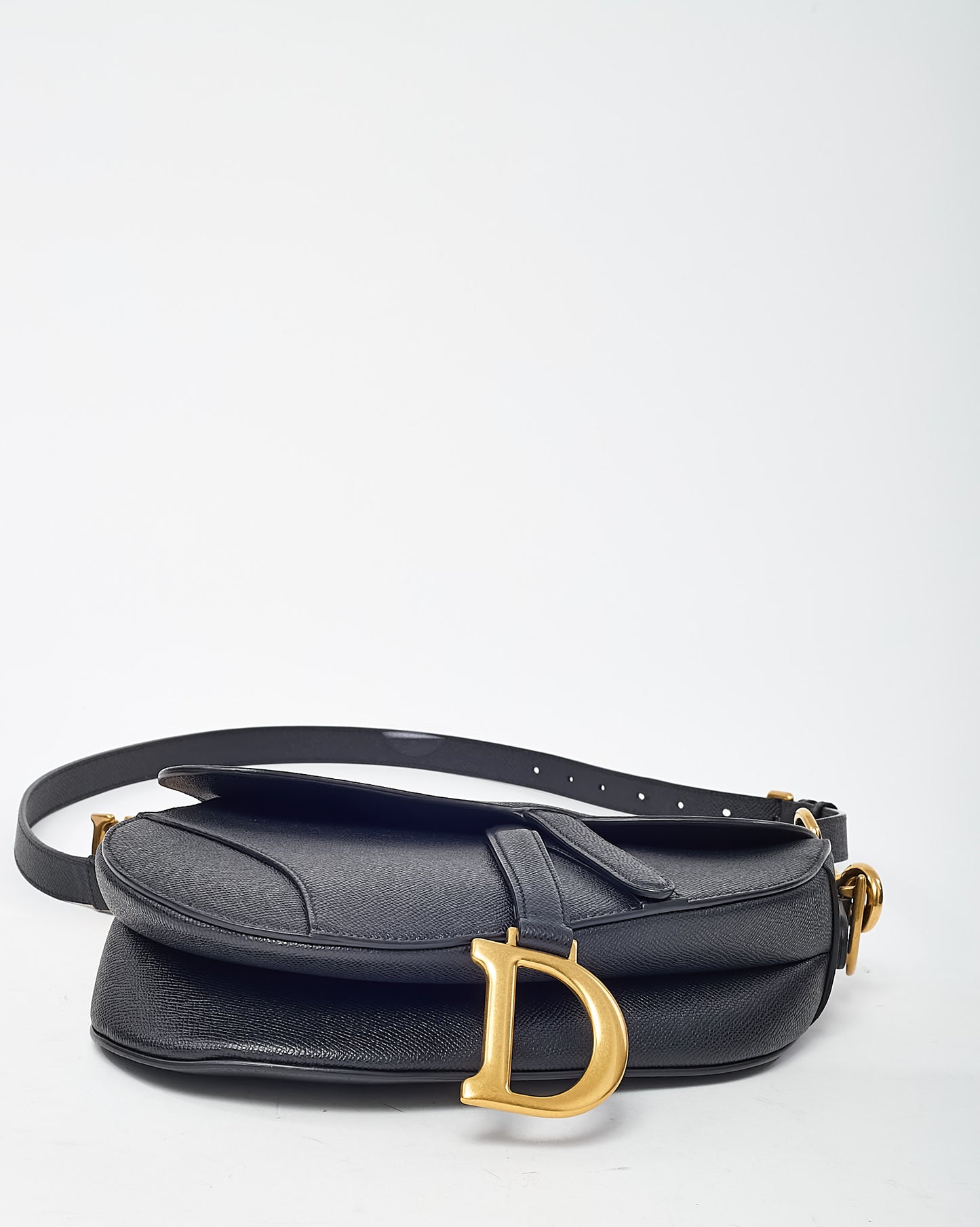 Dior Black Grained Calfskin Leather Saddle Bag with Strap GHW