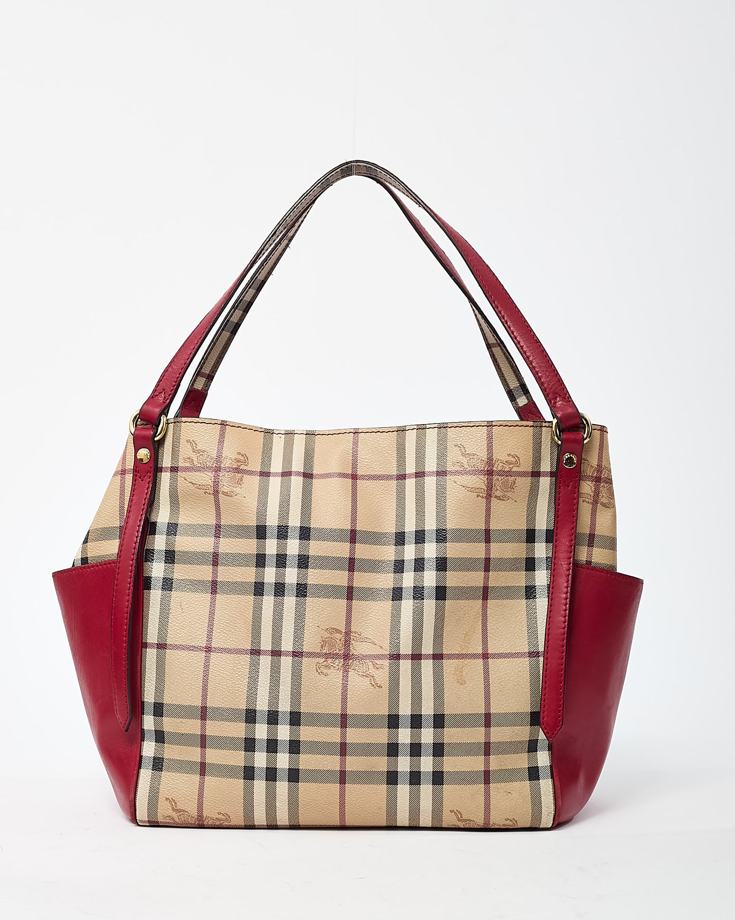 Burberry Red Leather and Beige Haymarket Check Coated Canvas Canterbury Tote Bag