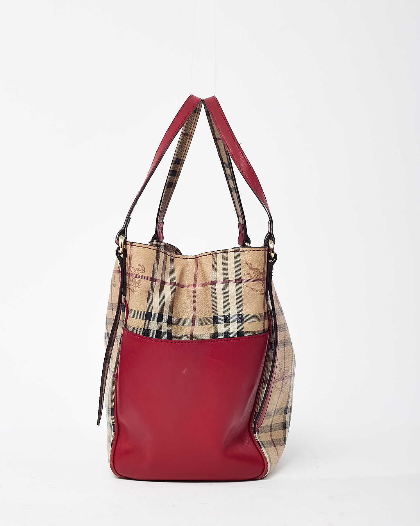 Burberry Red Leather and Beige Haymarket Check Coated Canvas Canterbury Tote Bag