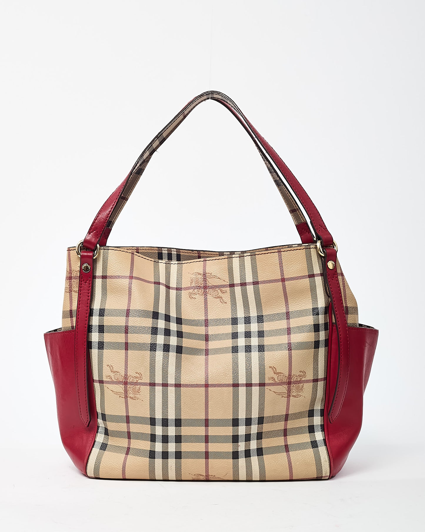 Burberry Red Leather and Beige Haymarket Check Coated Canvas Canterbury Tote Bag