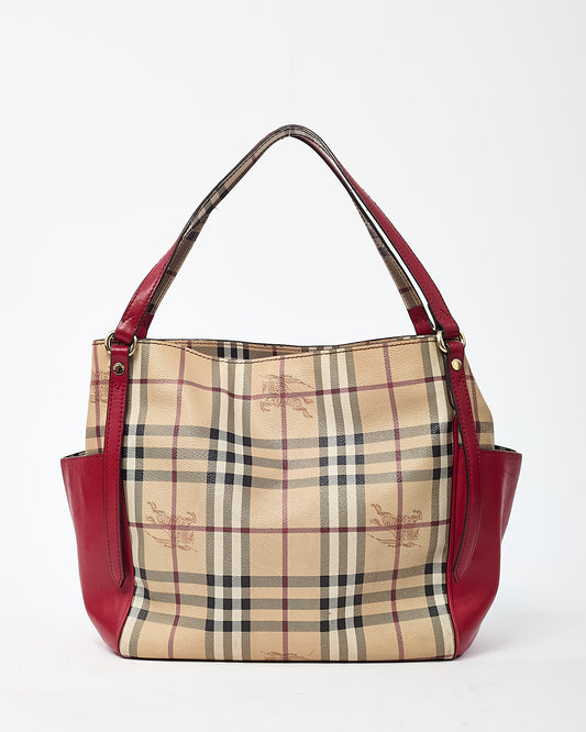 Burberry Red Leather and Beige Haymarket Check Coated Canvas Canterbury Tote Bag