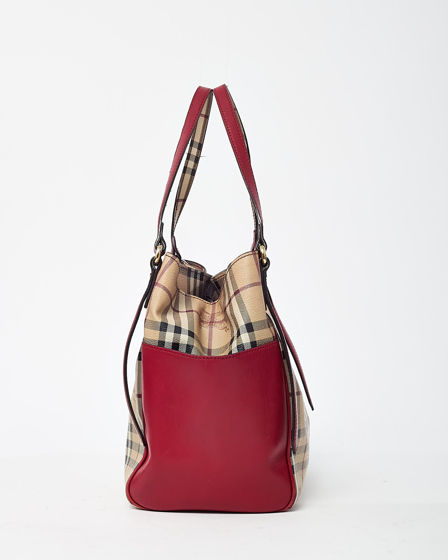 Burberry Red Leather and Beige Haymarket Check Coated Canvas Canterbury Tote Bag