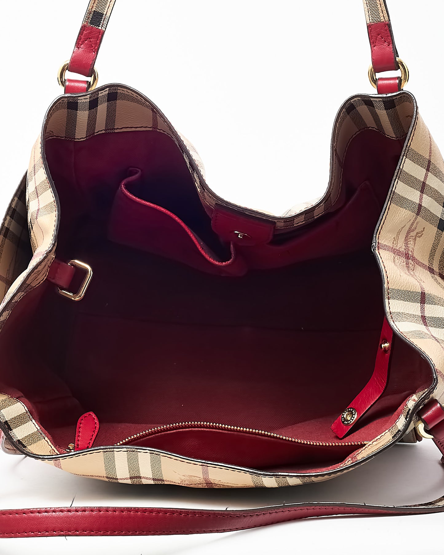 Burberry Red Leather and Beige Haymarket Check Coated Canvas Canterbury Tote Bag