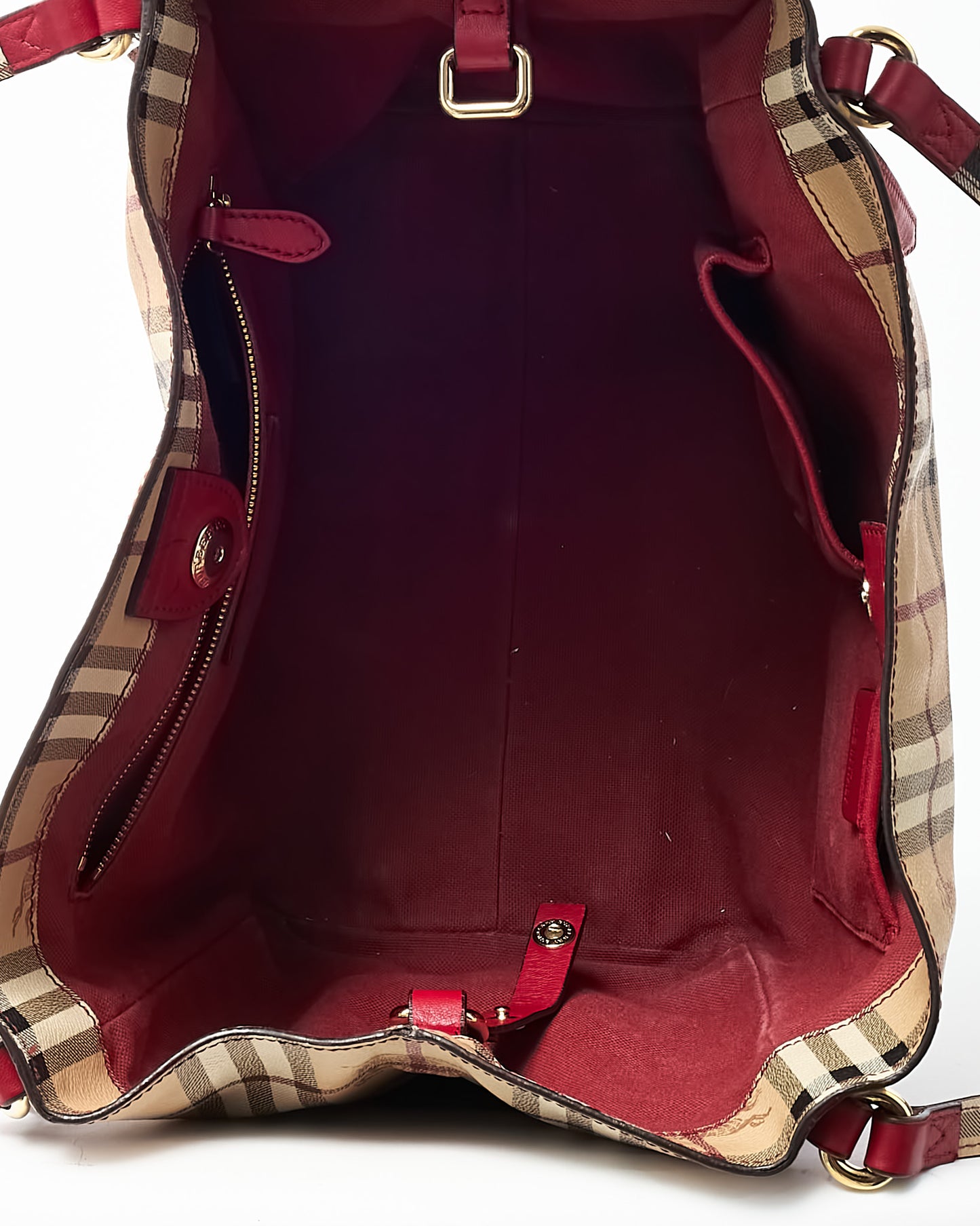 Burberry Red Leather and Beige Haymarket Check Coated Canvas Canterbury Tote Bag