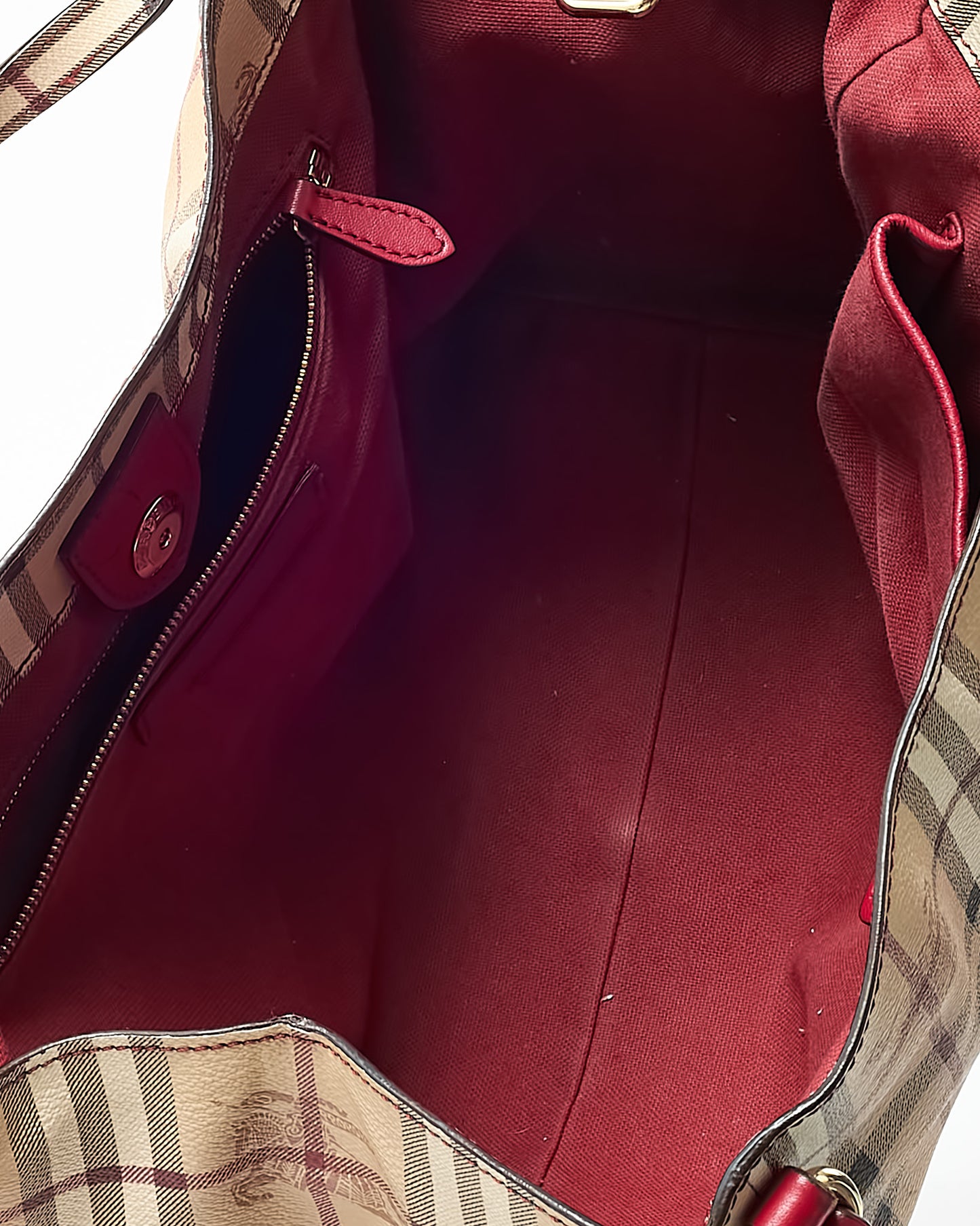 Burberry Red Leather and Beige Haymarket Check Coated Canvas Canterbury Tote Bag