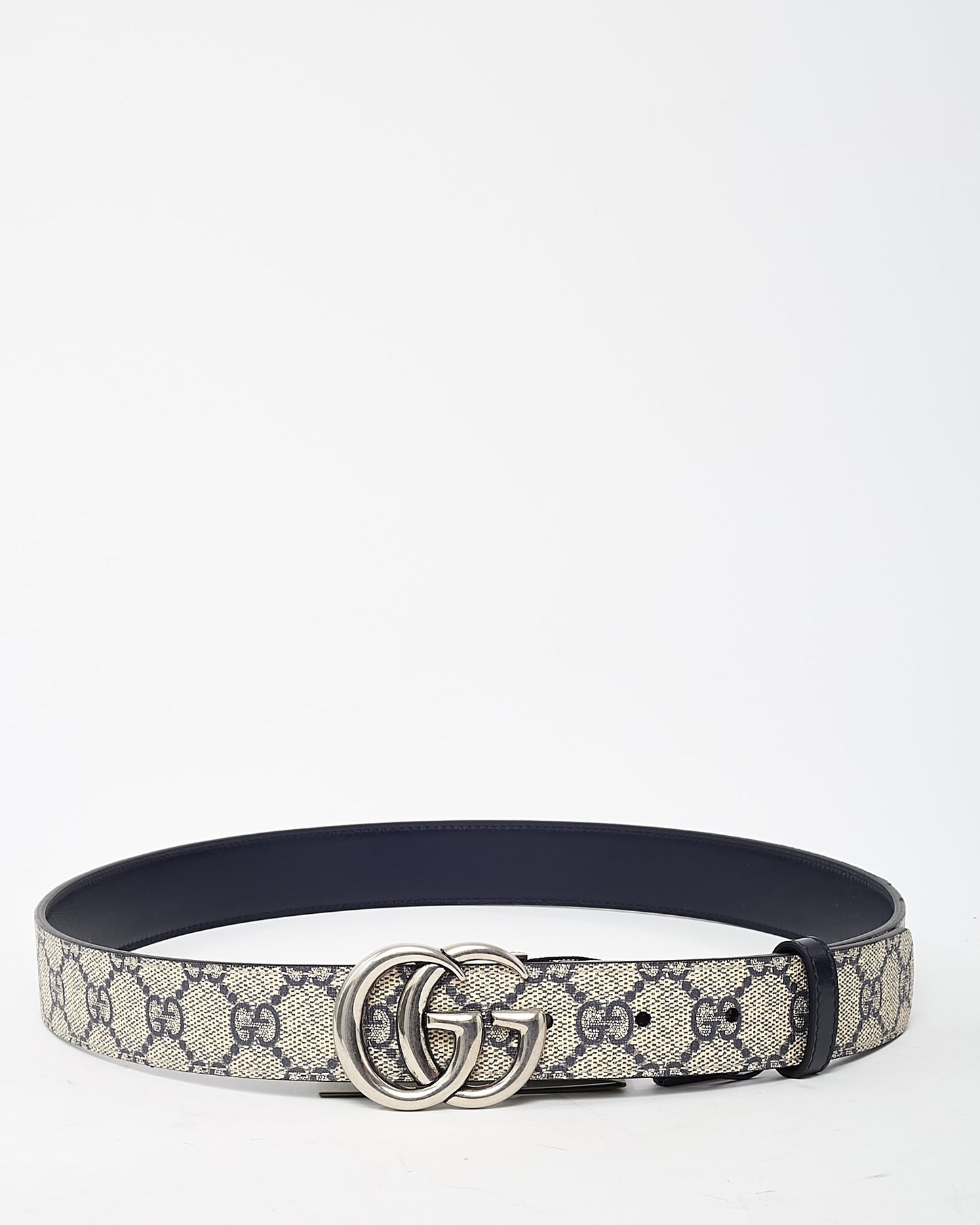 Gucci Beige/Navy GG Supreme Canvas & Navy Plutone Leather SHW Double G Reversible Belt - 90/36
