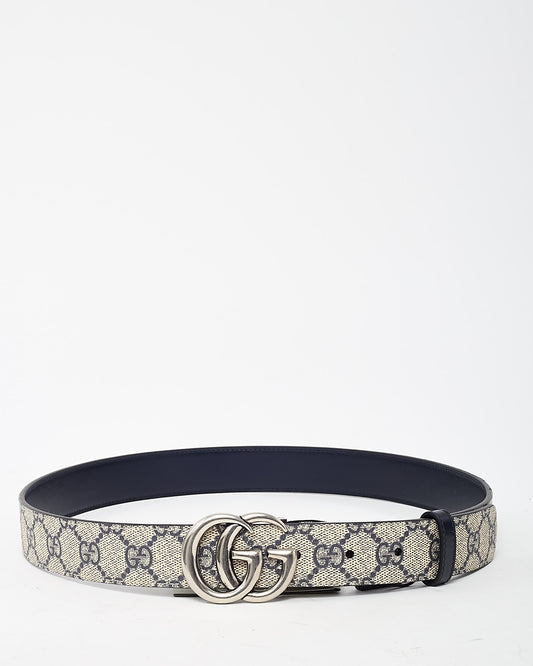 Gucci Beige/Navy GG Supreme Canvas & Navy Plutone Leather SHW Double G Reversible Belt - 90/36