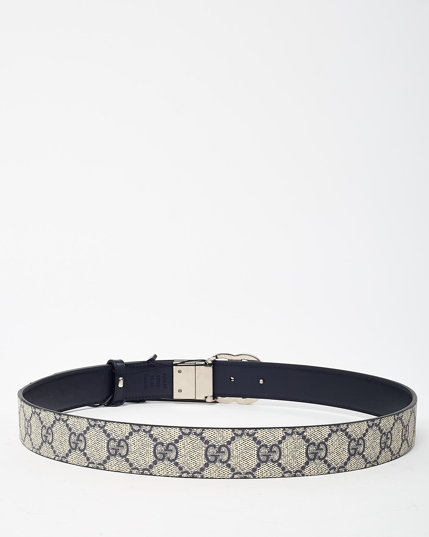 Gucci Beige/Navy GG Supreme Canvas & Navy Plutone Leather SHW Double G Reversible Belt - 90/36