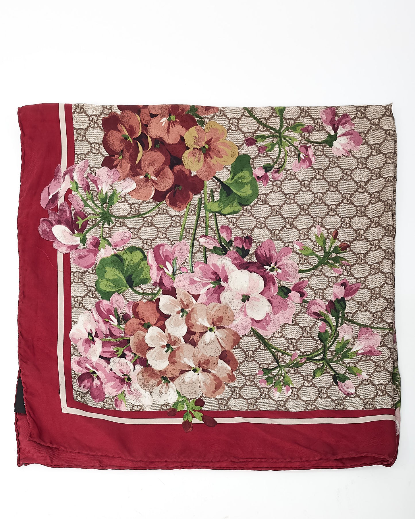 Gucci Red and Beige GG Monogram Special Florio Printed Silk 90cm Scarf