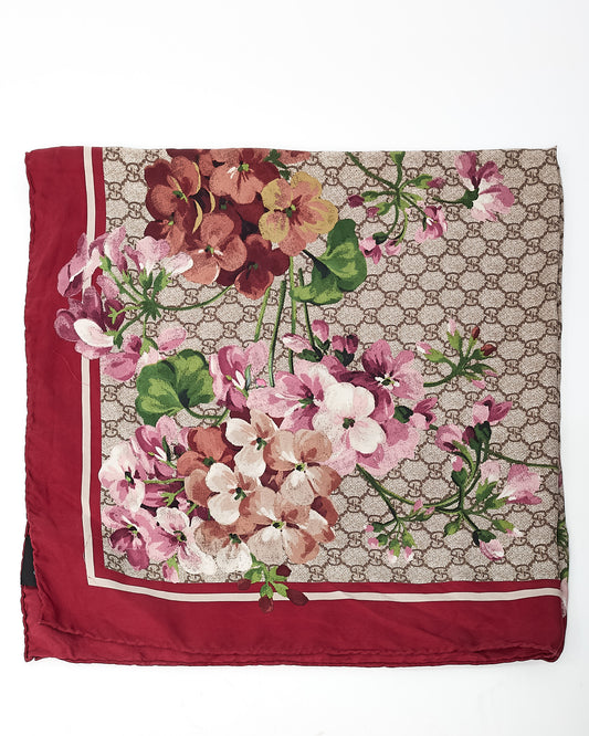 Gucci Red and Beige GG Monogram Special Florio Printed Silk 90cm Scarf