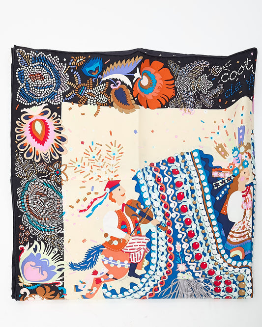 Hermès Black/Cream/Blue Multi "Costume de Fete" Silk Printed 90cm Scarf