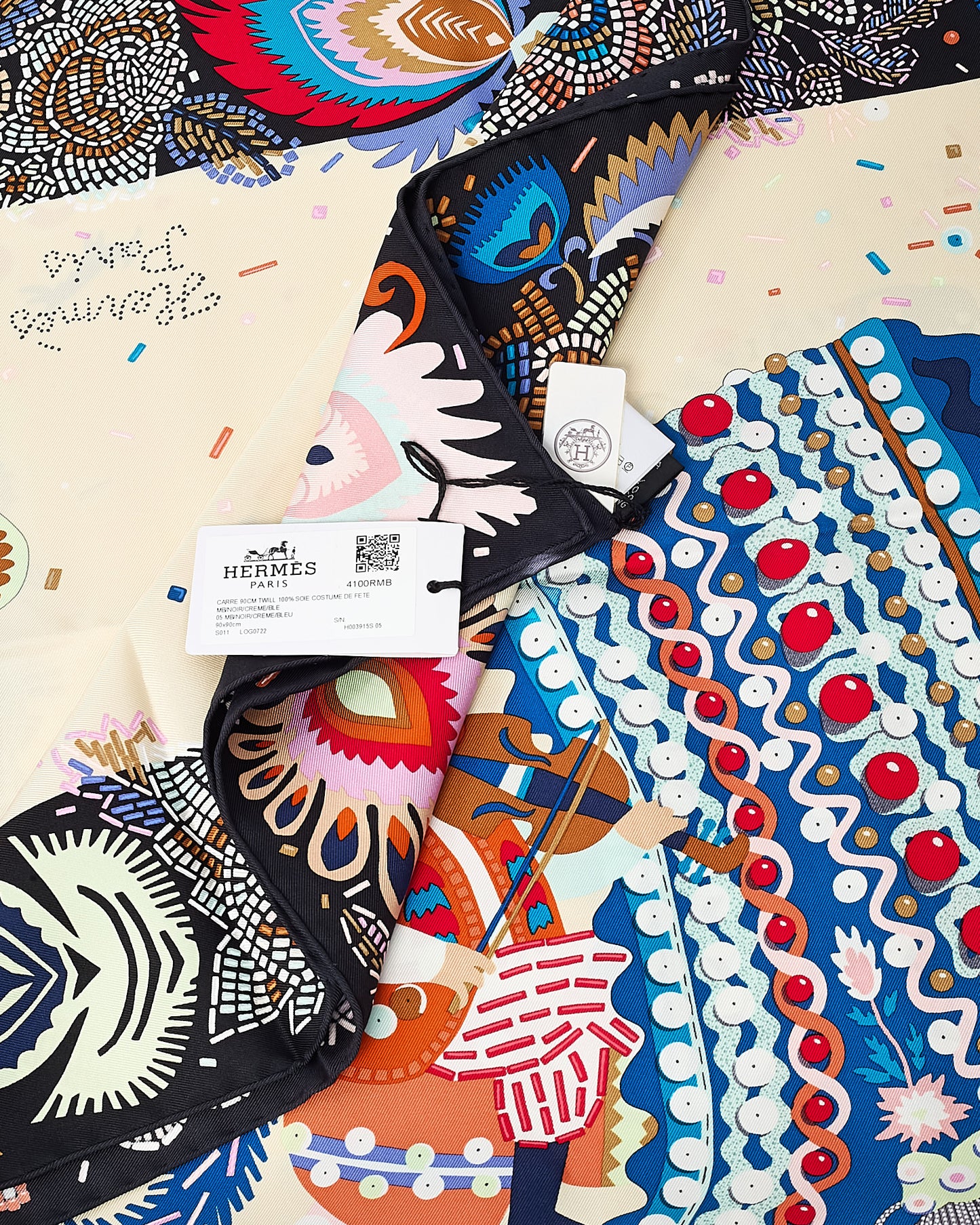 Hermès Black/Cream/Blue Multi "Costume de Fete" Silk Printed 90cm Scarf