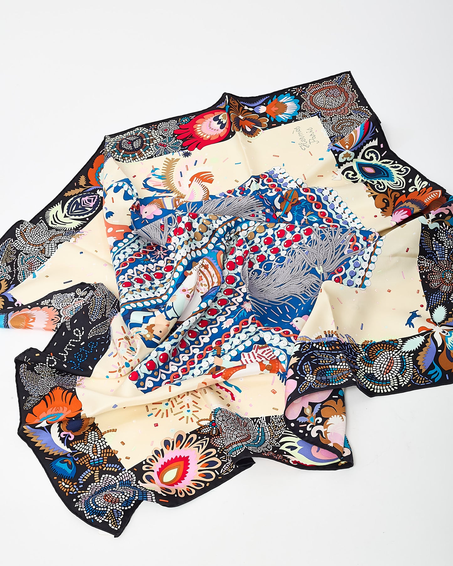 Hermès Black/Cream/Blue Multi "Costume de Fete" Silk Printed 90cm Scarf