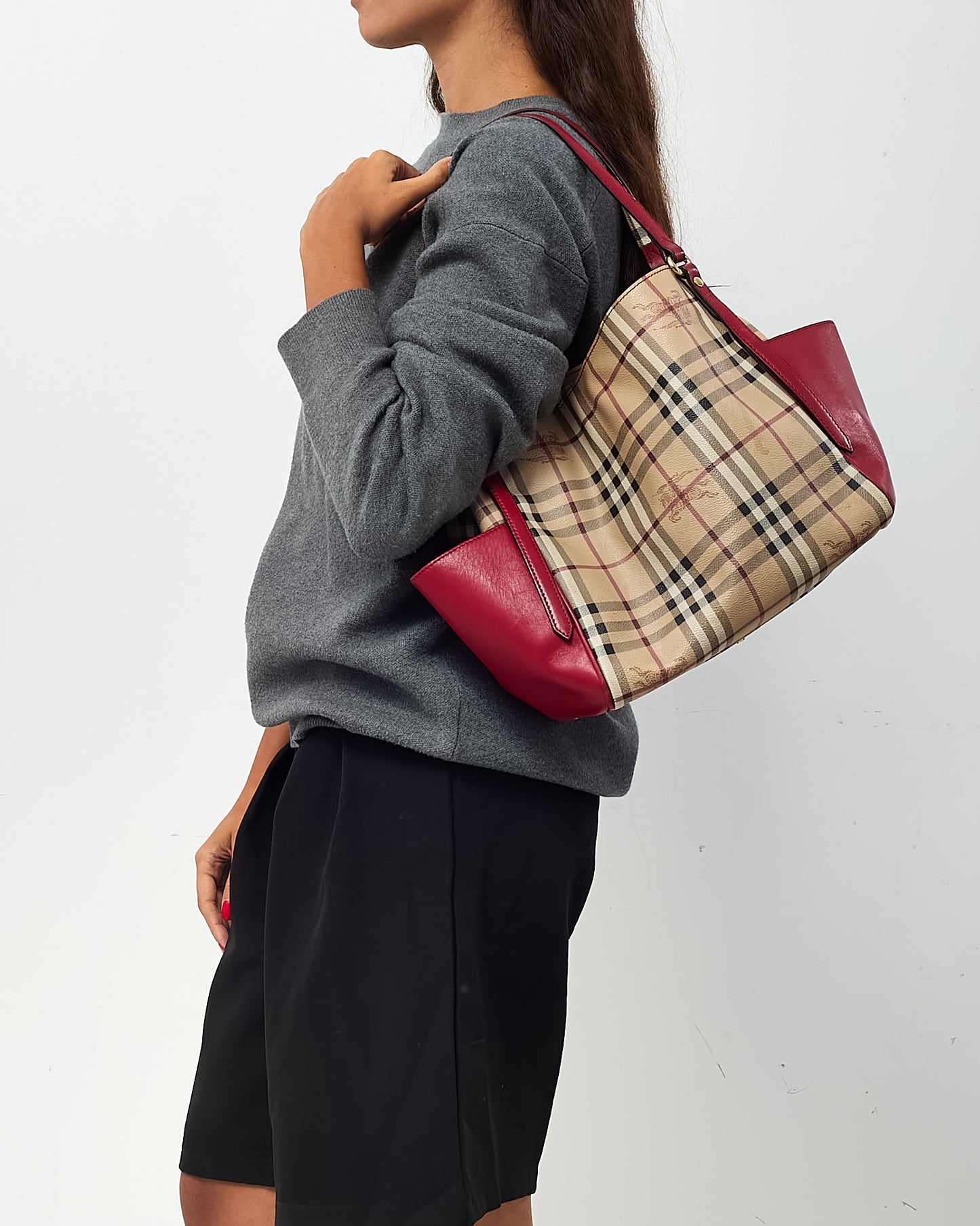 Burberry Red Leather and Beige Haymarket Check Coated Canvas Canterbury Tote Bag