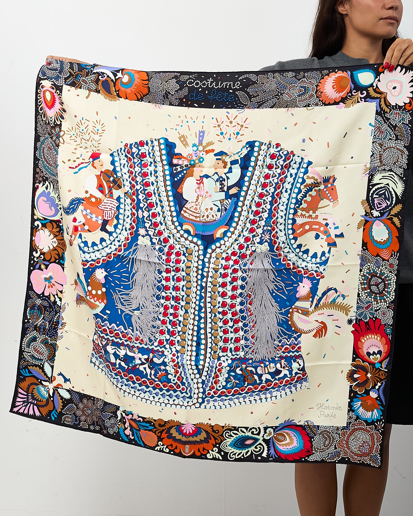 Hermès Black/Cream/Blue Multi "Costume de Fete" Silk Printed 90cm Scarf