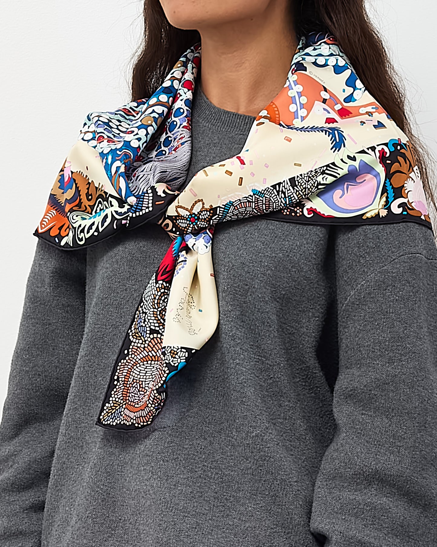 Hermès Black/Cream/Blue Multi "Costume de Fete" Silk Printed 90cm Scarf