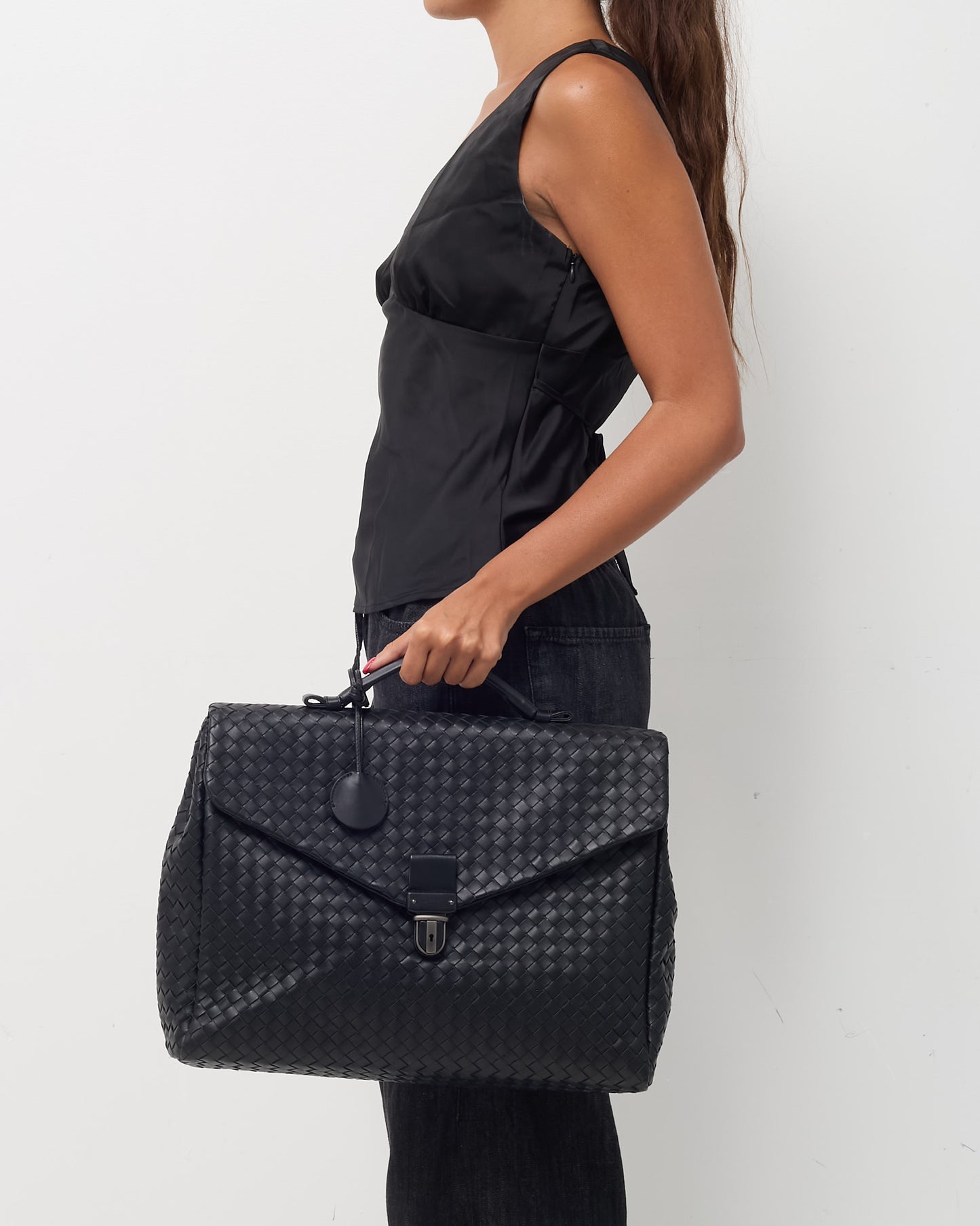 Bottega Veneta Black Intrecciato Leather Top Handle Briefcase
