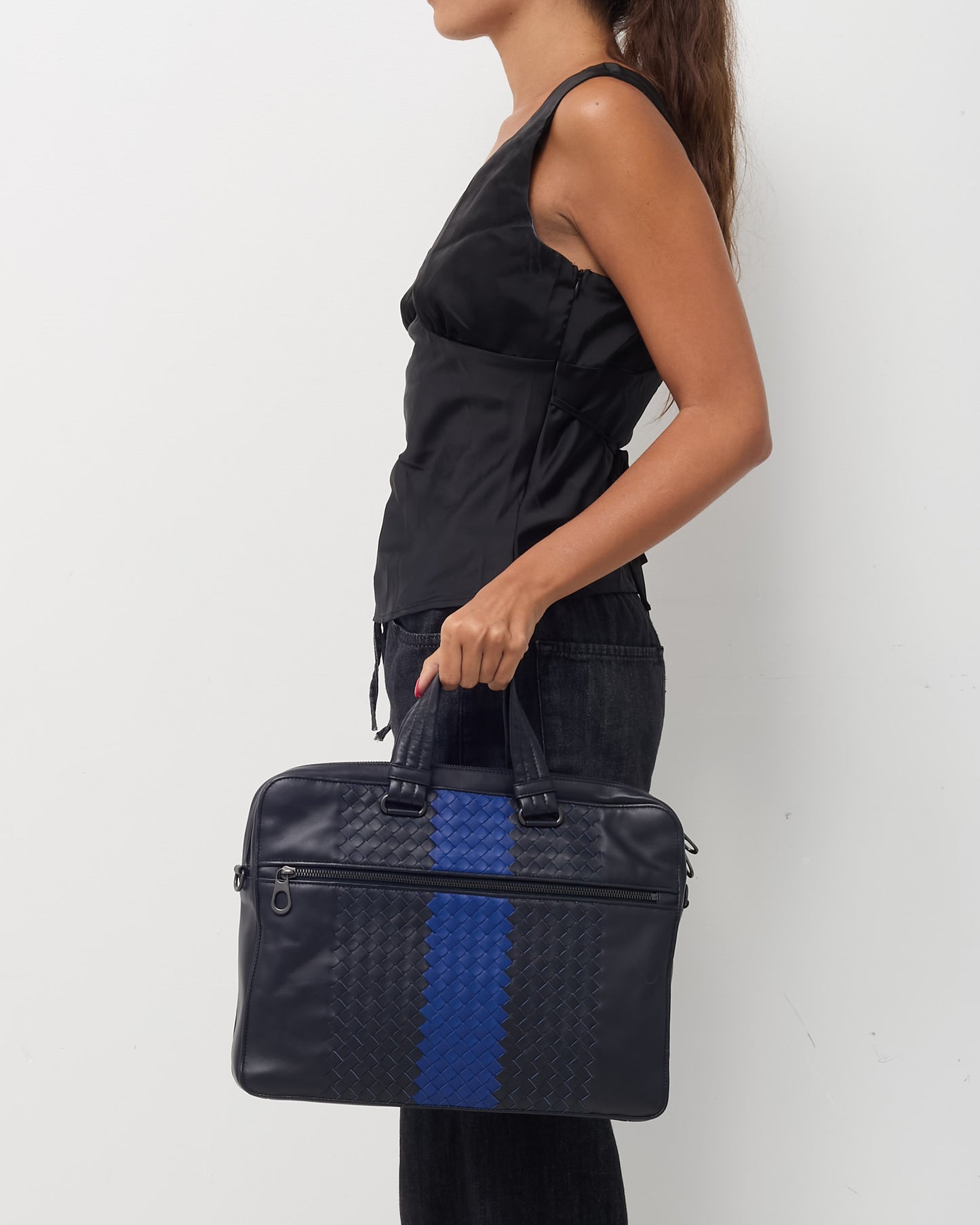 Bottega Veneta Black Intrecciato Leather with Blue Stripe Briefcase with Strap