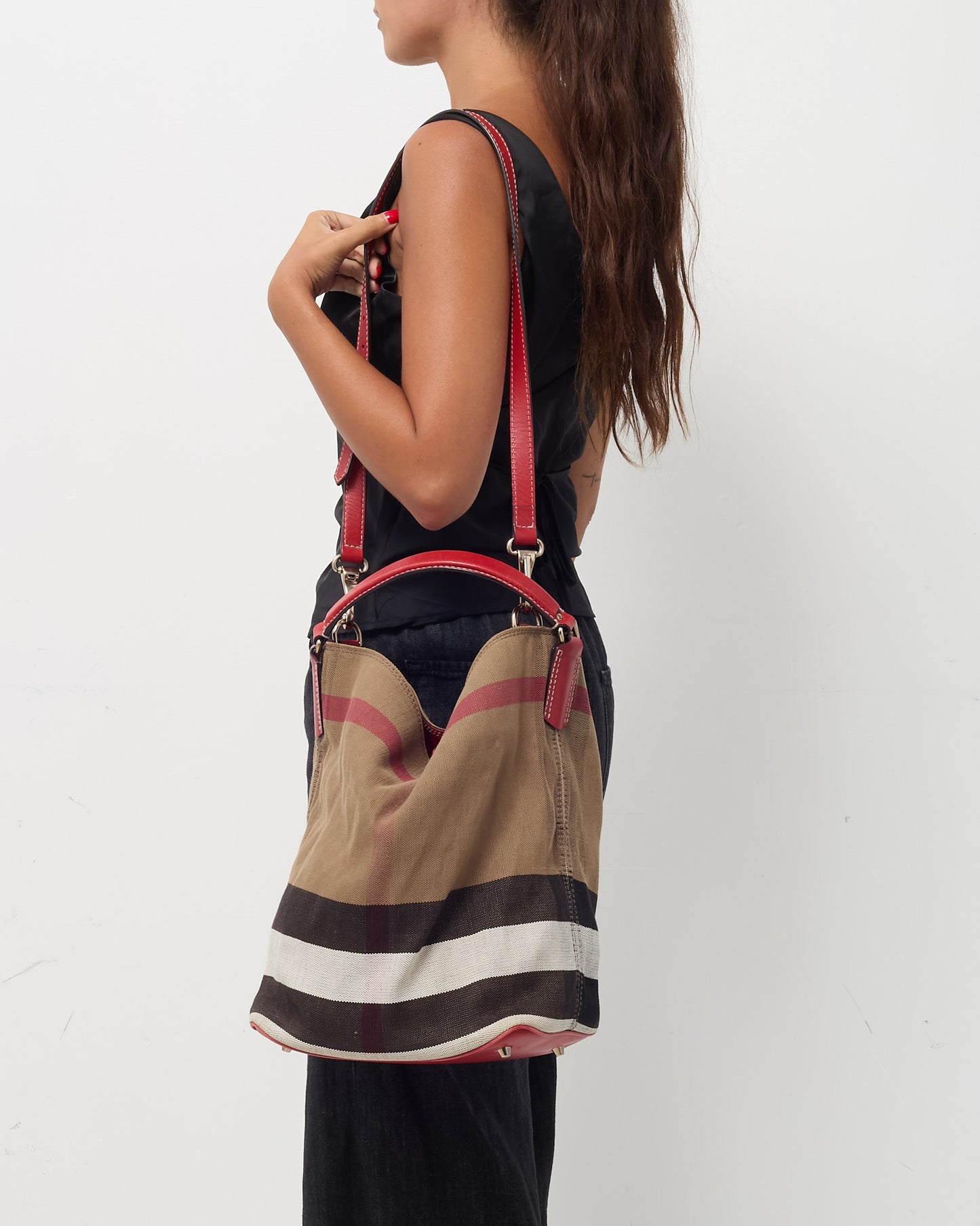 Burberry Beige Mega Check Canvas and Red Leather Medium Ashby Bucket Bag