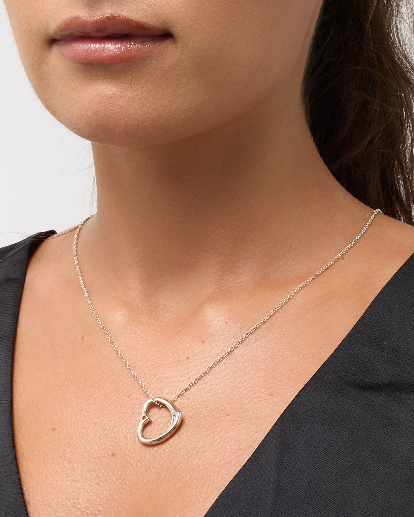 Tiffany & Co. Sterling Silver Pink Sapphire Elsa Peretti Open Heart Pendant Necklace
