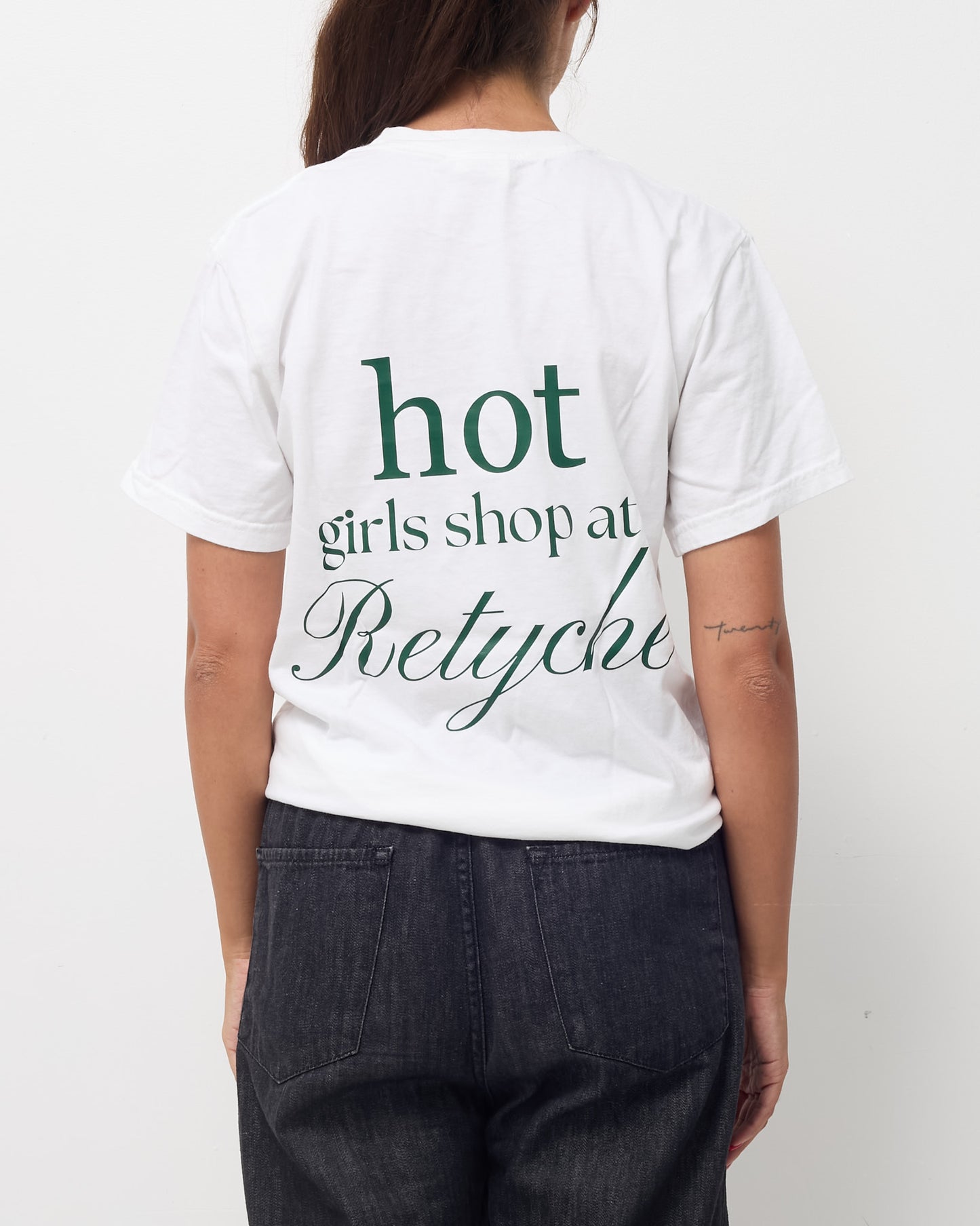 Retyche White Cotton Green "Hot Girls Shop at Retyche" T-Shirt