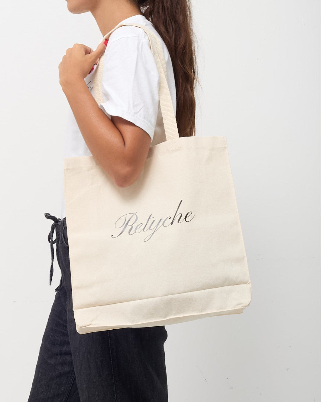 Retyche Neutral Canvas Black Cursive Retyche Logo Tote Bag