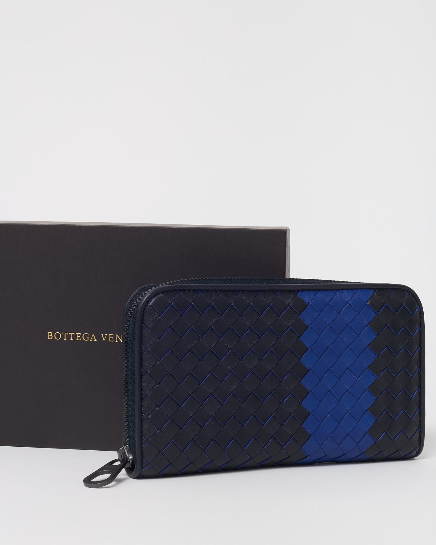 Bottega Veneta Black Intrecciato Leather and Blue Stripe Long Zippy Wallet