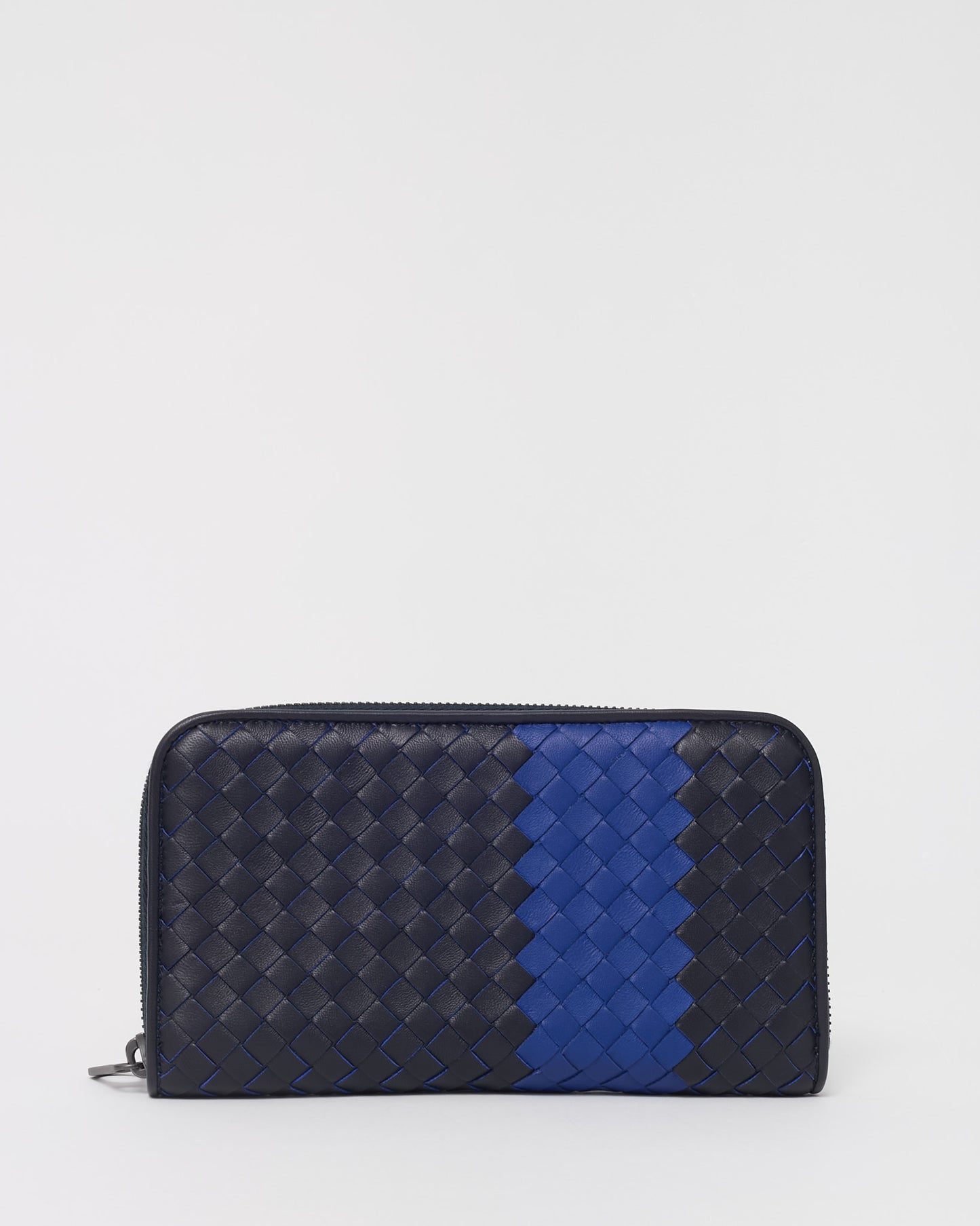 Bottega Veneta Black Intrecciato Leather and Blue Stripe Long Zippy Wallet