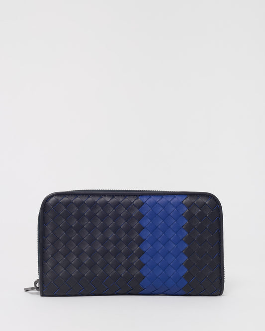 Bottega Veneta Black Intrecciato Leather and Blue Stripe Long Zippy Wallet