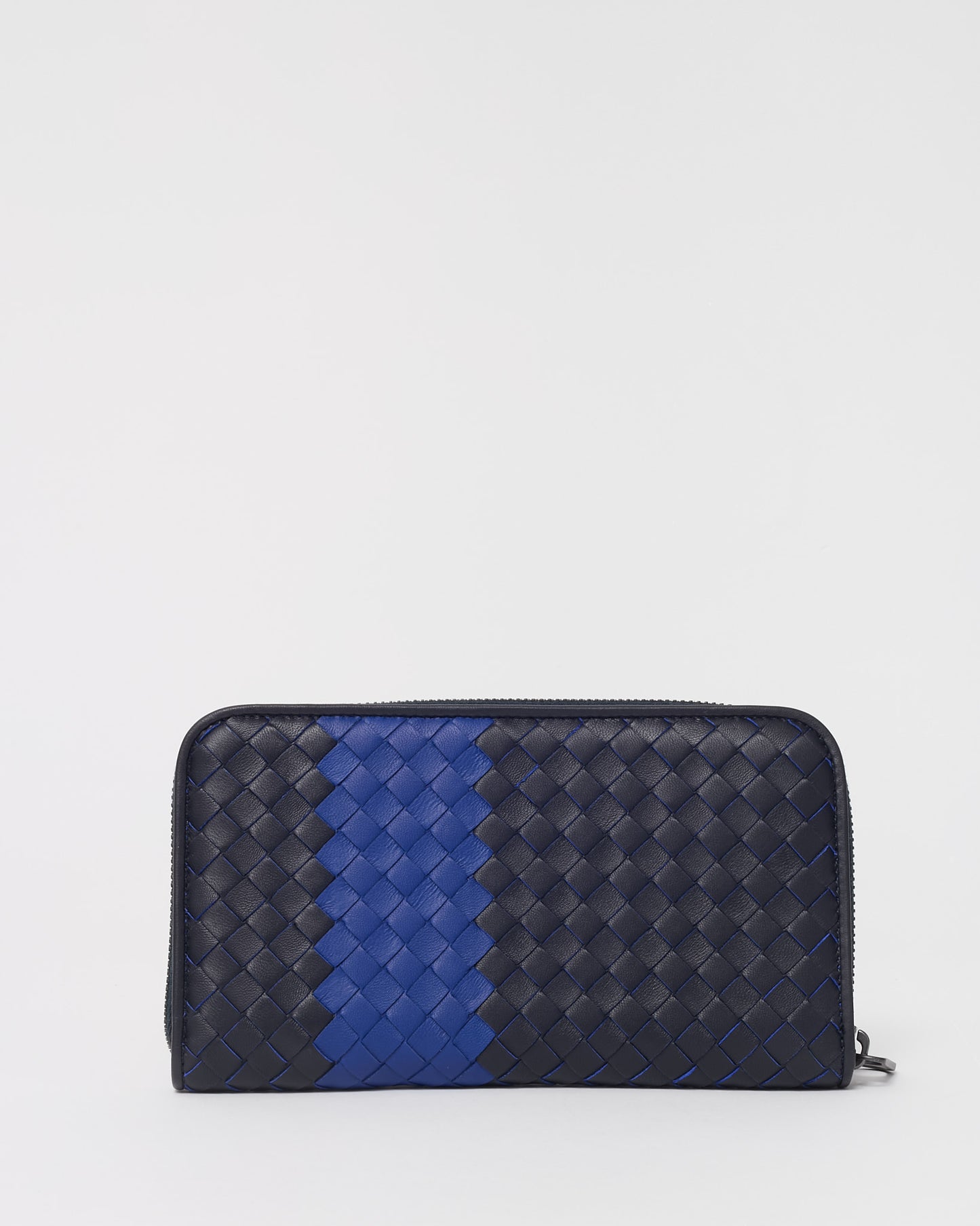 Bottega Veneta Black Intrecciato Leather and Blue Stripe Long Zippy Wallet
