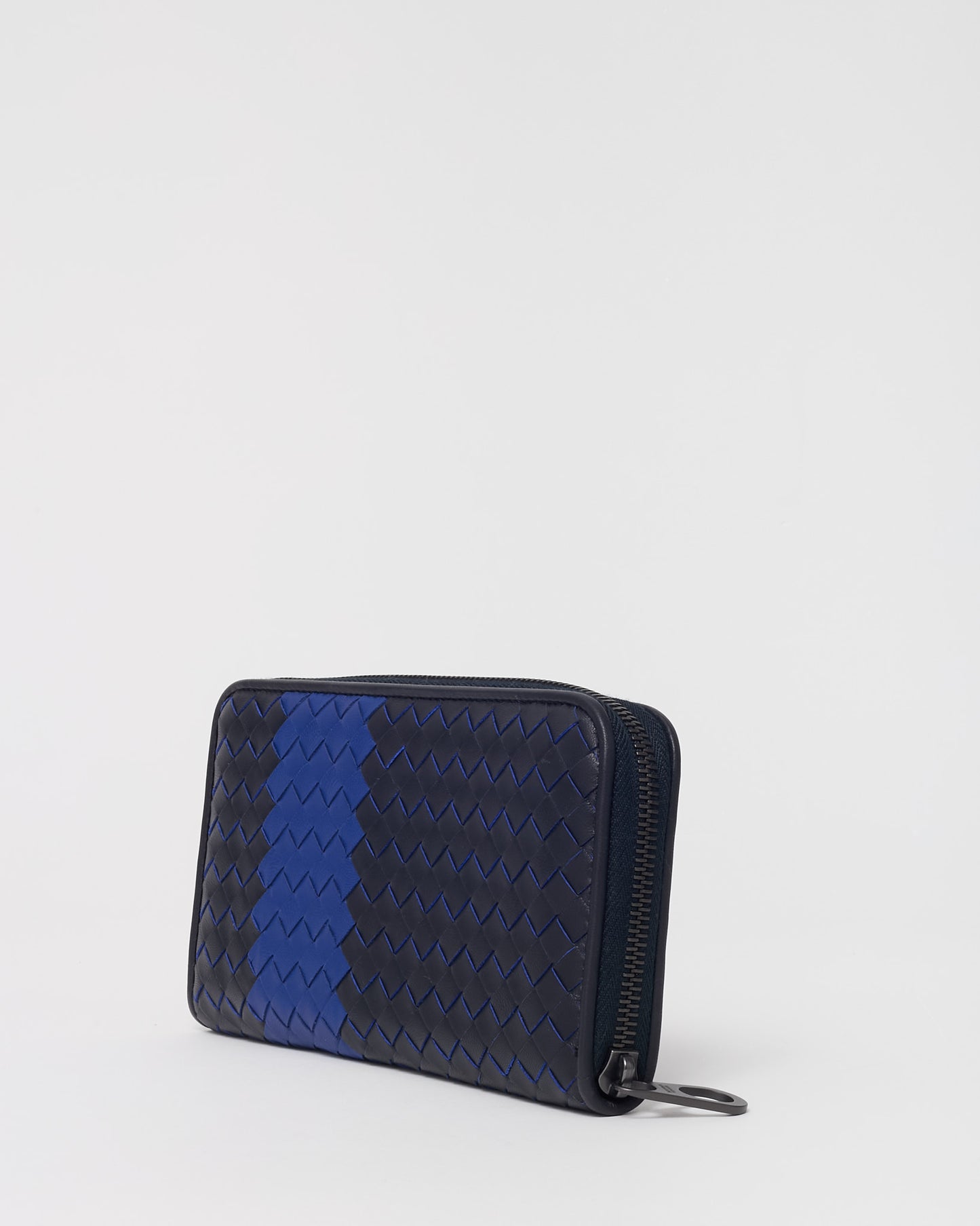 Bottega Veneta Black Intrecciato Leather and Blue Stripe Long Zippy Wallet