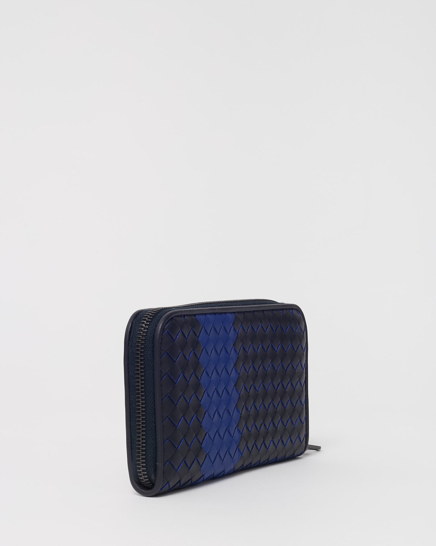 Bottega Veneta Black Intrecciato Leather and Blue Stripe Long Zippy Wallet