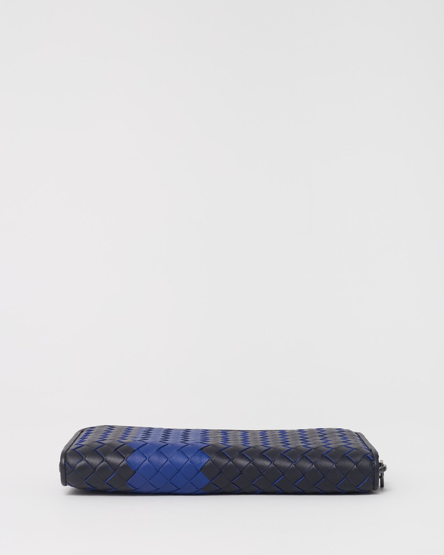 Bottega Veneta Black Intrecciato Leather and Blue Stripe Long Zippy Wallet