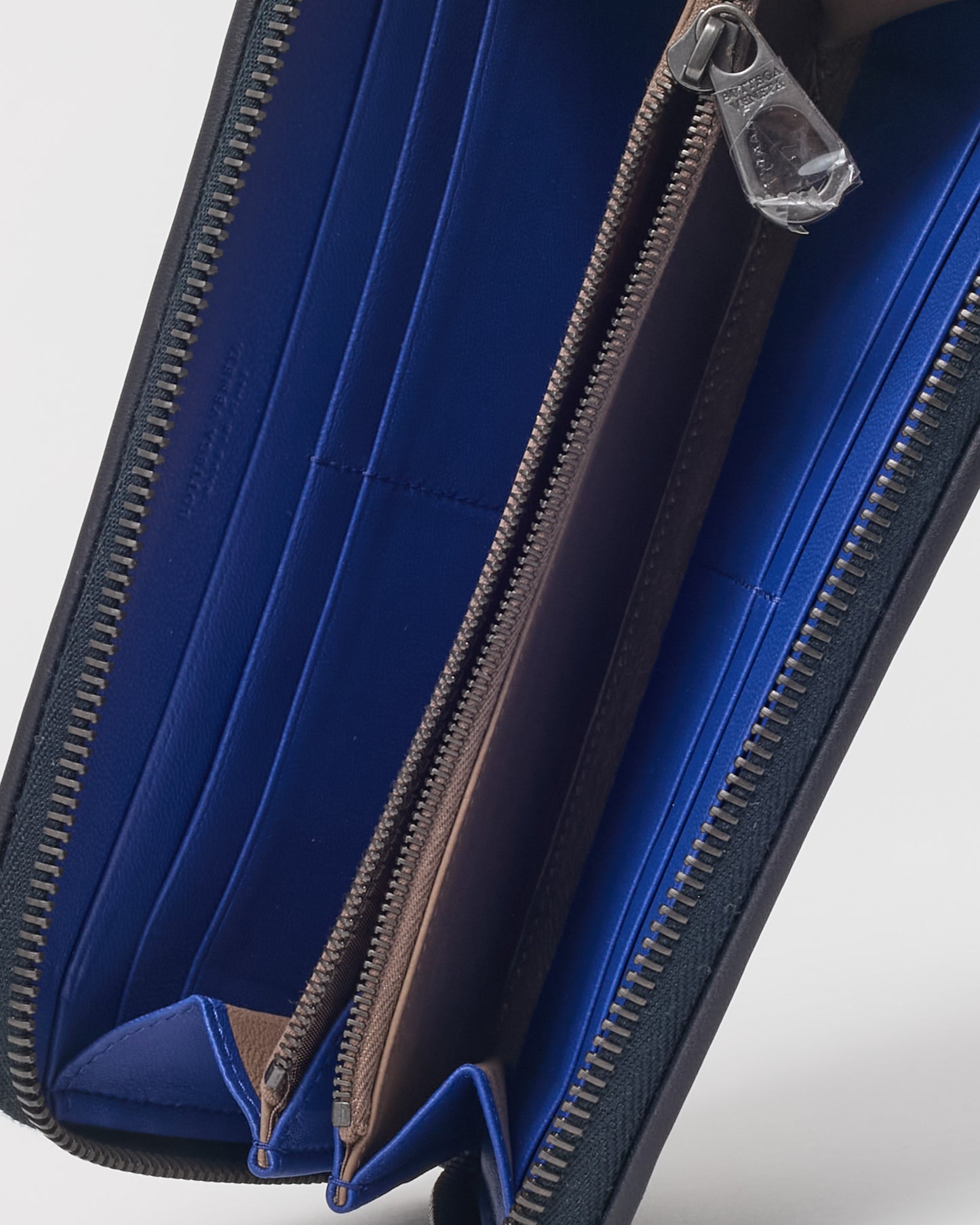 Bottega Veneta Black Intrecciato Leather and Blue Stripe Long Zippy Wallet