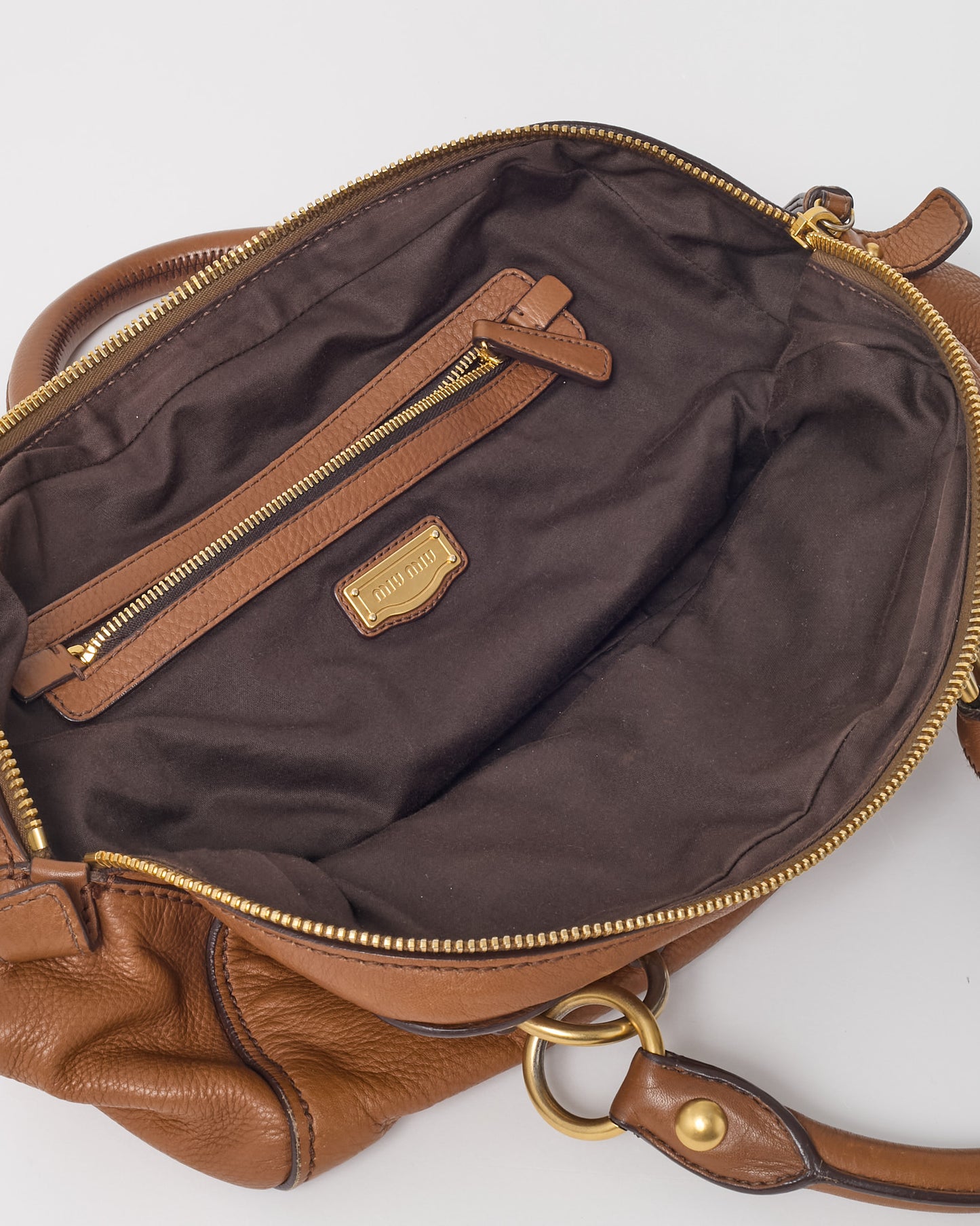Miu Miu Brown Leather Logo Bowler Top Handle Bag