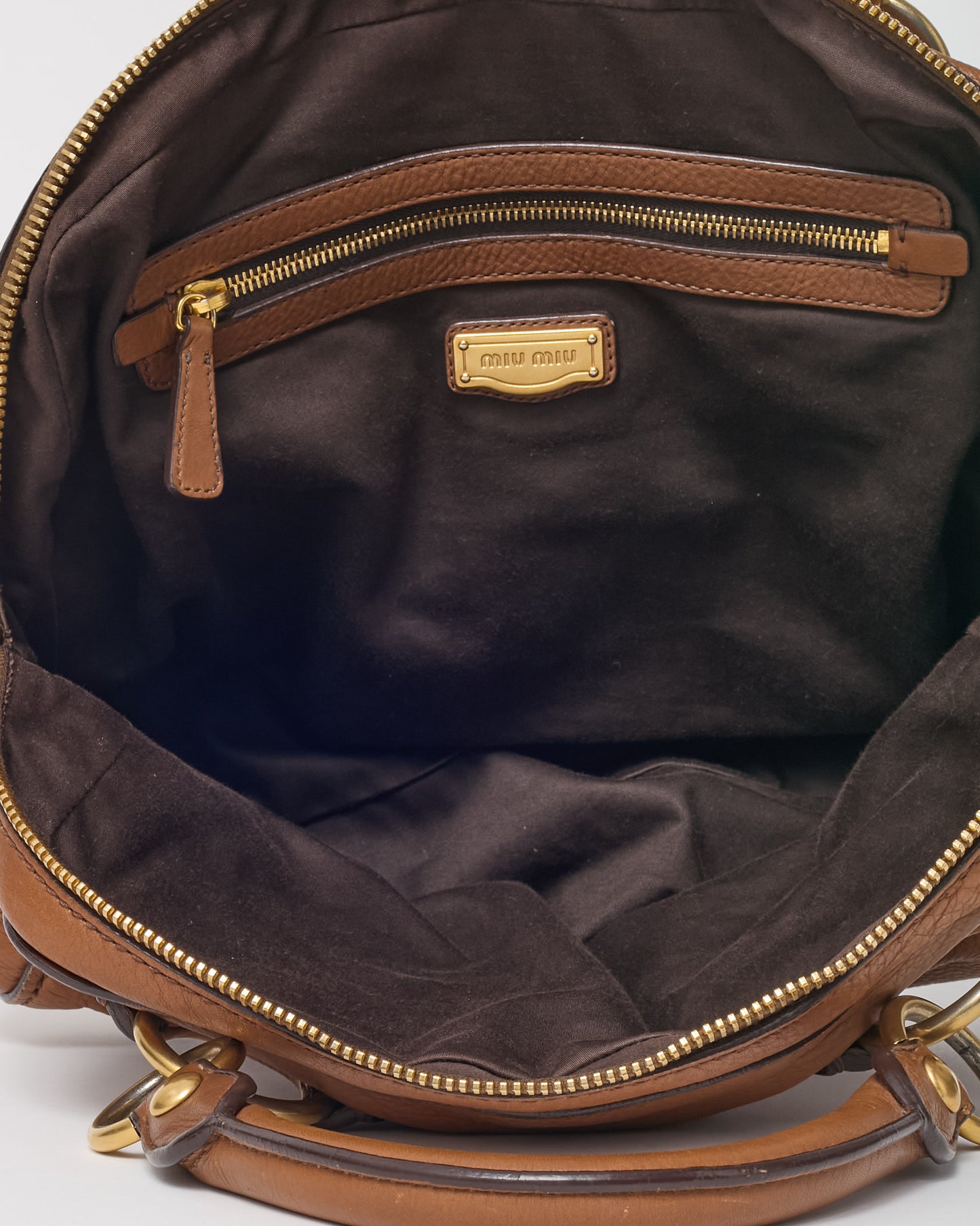 Miu Miu Brown Leather Logo Bowler Top Handle Bag